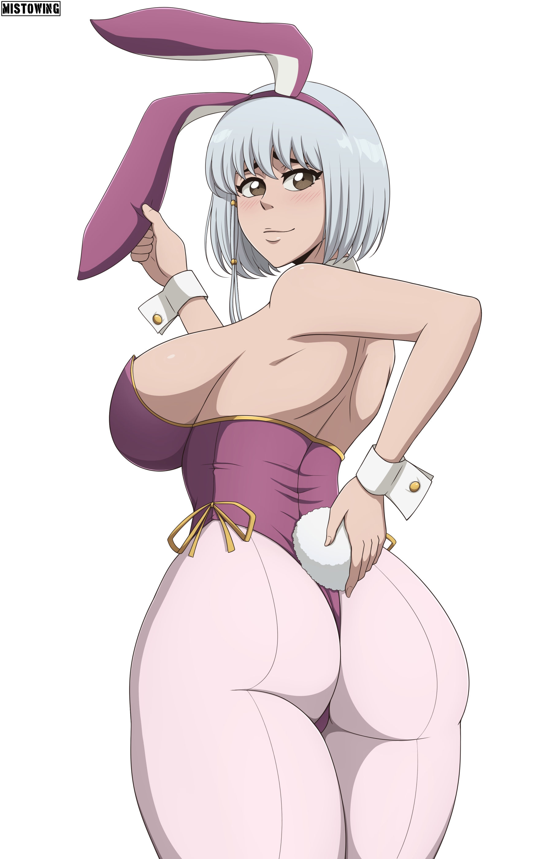 1girls, aged up, alternate hairstyle, ass, backless leotard, backless outfit, big ass, big breasts, bleach, blunt bangs, bob cut, breasts, brown eyes, bunny ears, bunny girl, bunny tail, bunnysuit, detached collar, detached sleeves, fake animal ears, fake tail, female, female only, from behind, holding ears, holding object, holding tail, huge breasts, kotetsu isane, leotard, mature, mature female, mistowing, older, older female, presenting, presenting ass, presenting hindquarters, rear view, sideboob, silver hair, solo, solo focus, thick thighs, tight clothing, voluptuous, wide hips