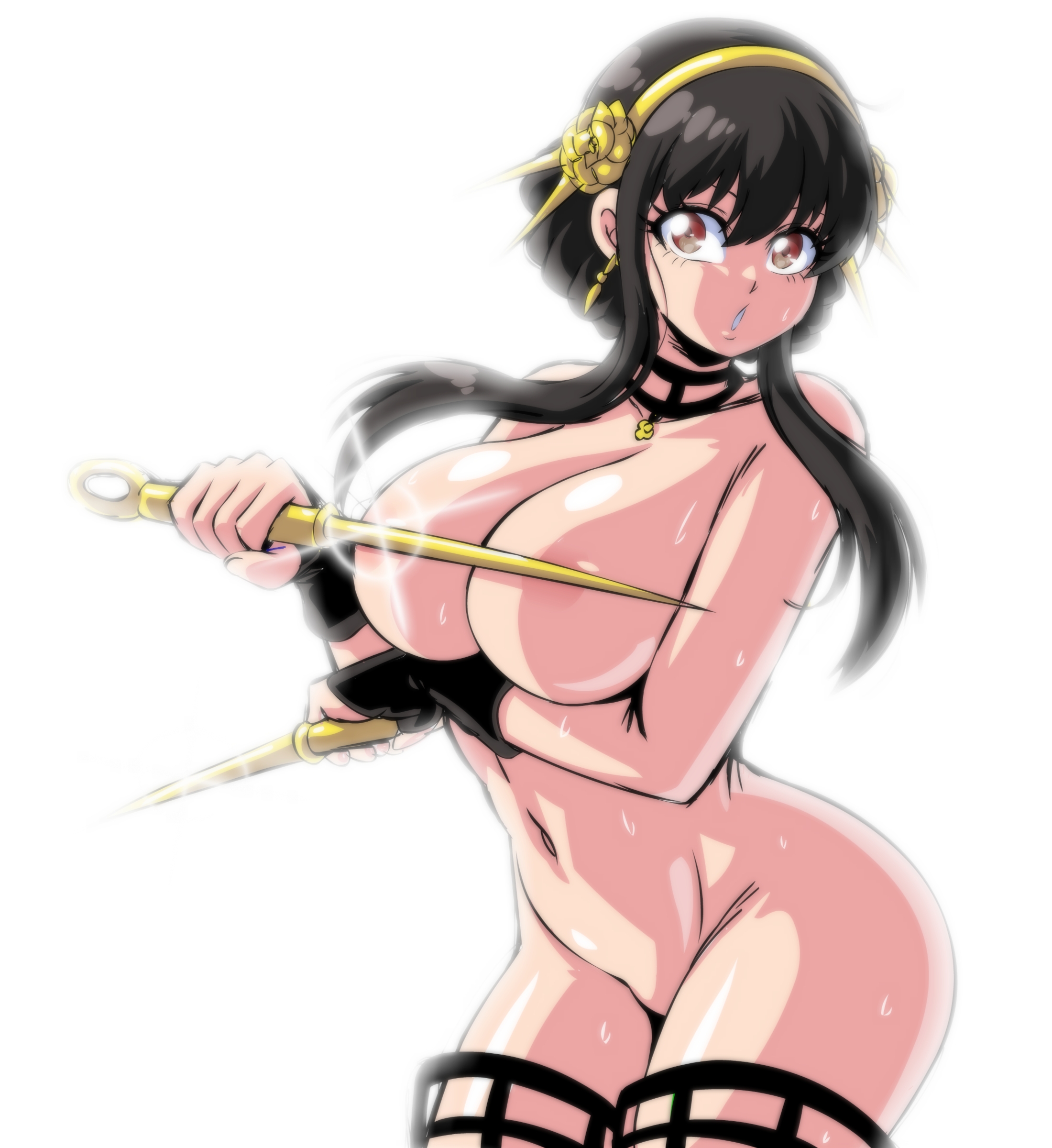 1girls, assassin, big breasts, black hair, black-haired female, breasts, breasts out, covered nipples, covering nipples, female, hi res, hourglass figure, huge breasts, lewdamone, long hair, naked, nude, nude female, source request, spy x family, stiletto (weapon), sweat, thick thighs, voluptuous, wide hips, wide thighs, yor briar
