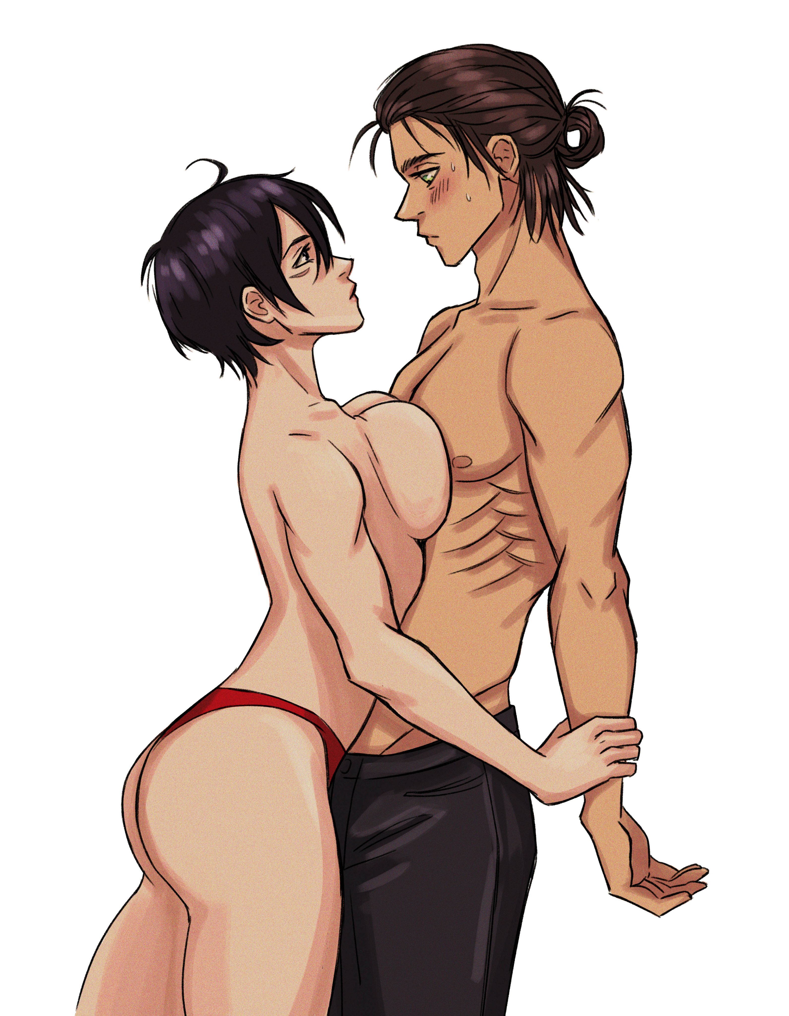 abs, ass, attack on titan, big ass, big breasts, big butt, black hair, blush, breast squeeze, breasts, brown hair, clothed, clothes, eren jaeger, female, imminent sex, light skin, light-skinned female, long hair, looking at another, looking at partner, male, mikasa ackerman, muscles, shingeki no kyojin, short hair, sweetspicy, tan, tan skin, tanned, tanned skin, tied hair, very short hair, white background