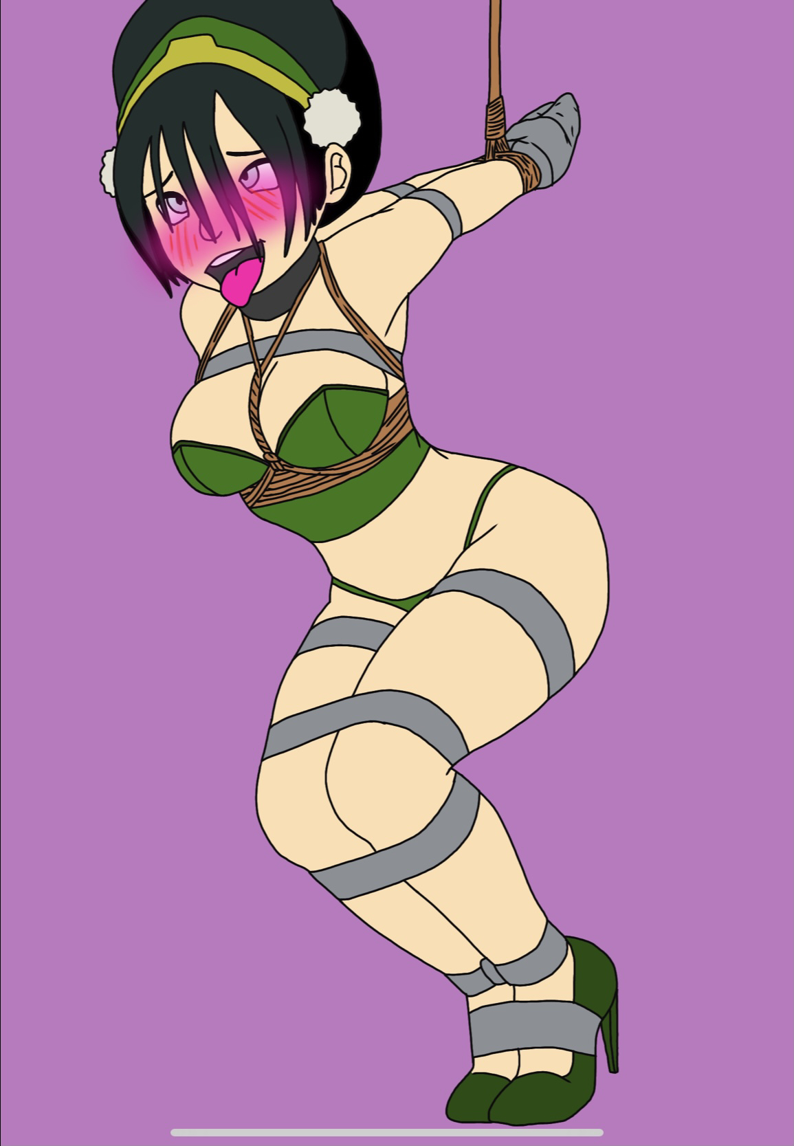 1girls, ahe gao, arms behind back, avatar the last airbender, blush, bondage, breasts, clothing, collar, female, female only, hair ornament, heels, high heels, medium breasts, panties, solo, straight hair, tape, that fuckinguy, toph bei fong