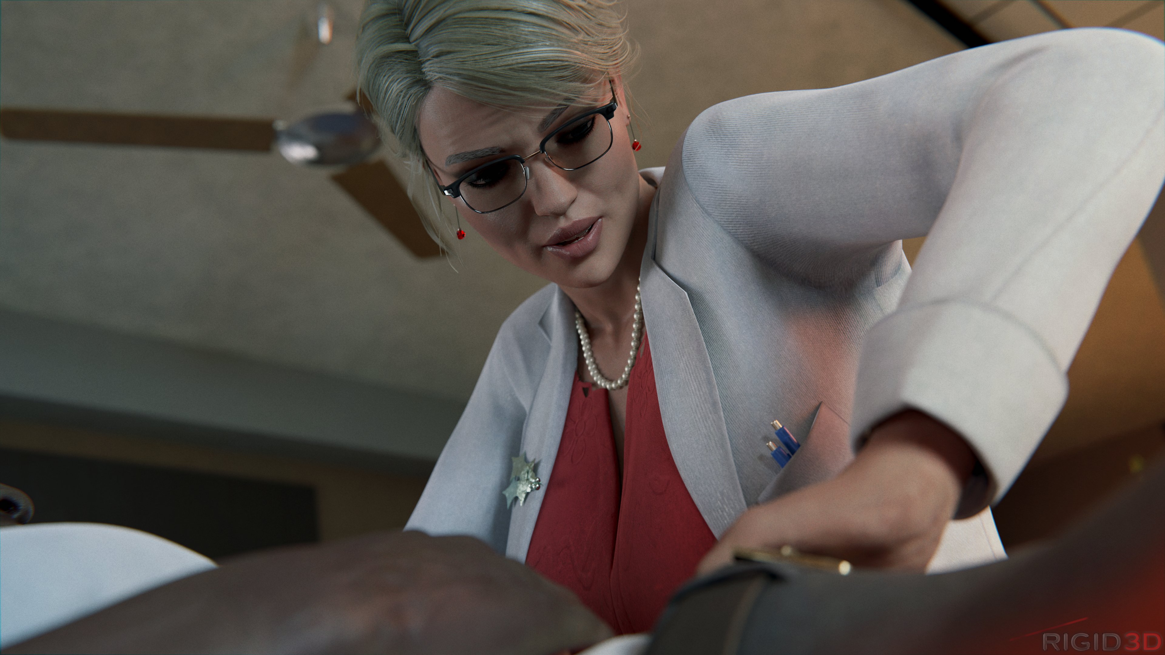 1girls, 3d, 3d (artwork), 4k, absurdres, batman (series), batman: arkham origins, big breasts, blender, blonde hair, blue eyes, breasts, dark skin, dark-skinned male, dc, dc comics, doctor, dr. harleen quinzel, female, female focus, glasses, harleen quinzel, highres, huge breasts, injustice 2, interracial, light skin, light-skinned female, male, partial male, rigid3d, therapist, therapy