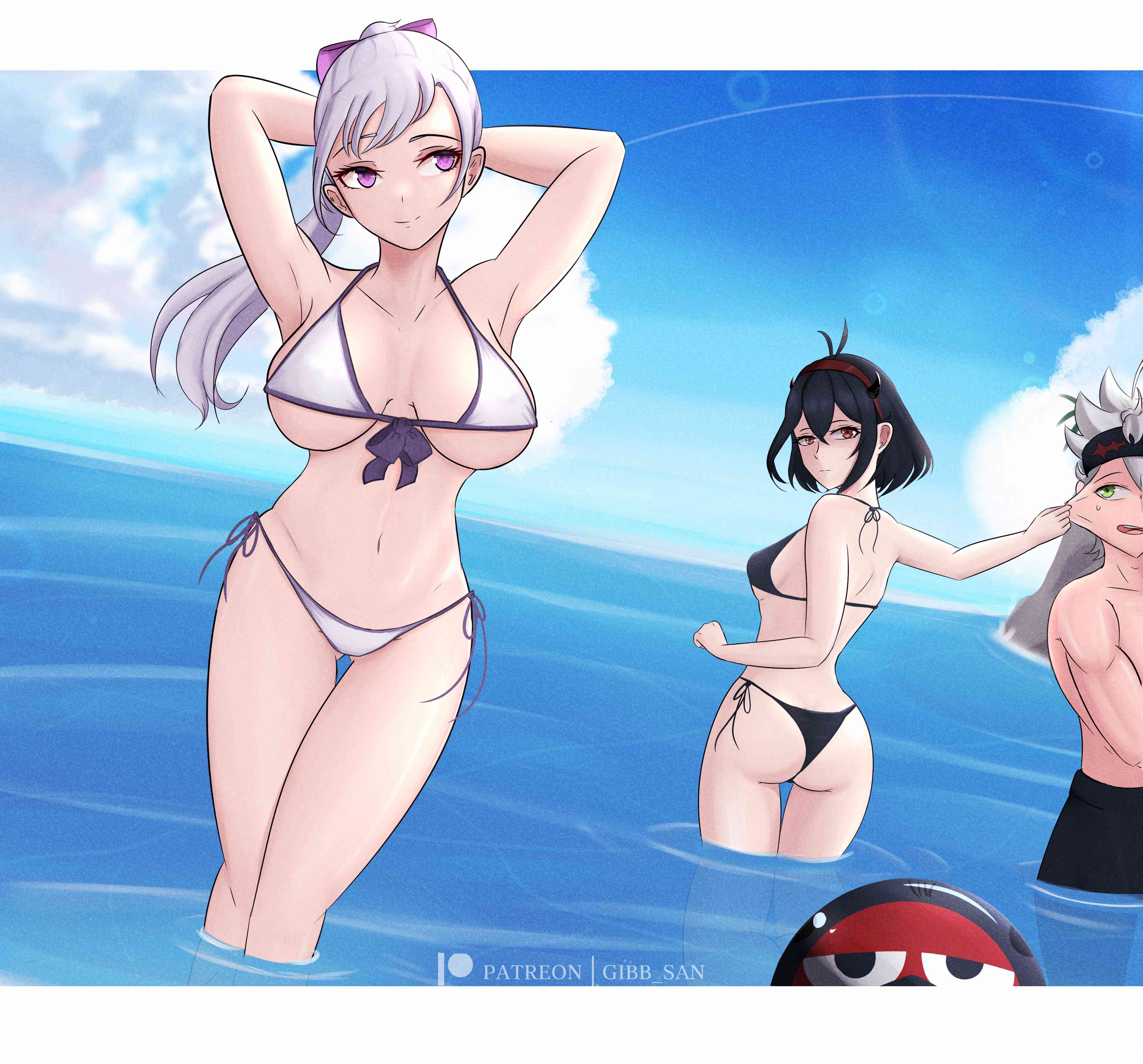 1boy, 2girls, ass, asta (black clover), beach, big breasts, bikini, black clover, black hair, breasts, female, female focus, green eyes, grey hair, male, multiple females, multiple girls, noelle silva, ponytail, purple eyes, red eyes, secre swallowtail, short hair, silver hair