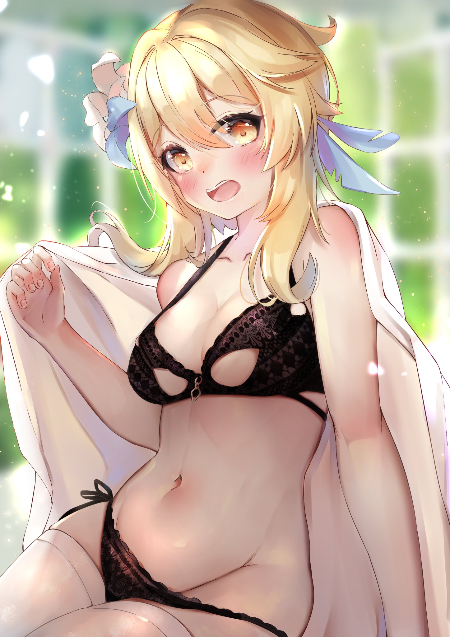 1girls, areola slip, artist request, black bra, black panties, blonde hair, blush, bra, cleavage, female, flower in hair, genshin impact, hair between eyes, hair ornament, lingerie, looking at viewer, lumine (genshin impact), open mouth, panties, side-tie panties, sidelocks, stockings, window, yellow eyes