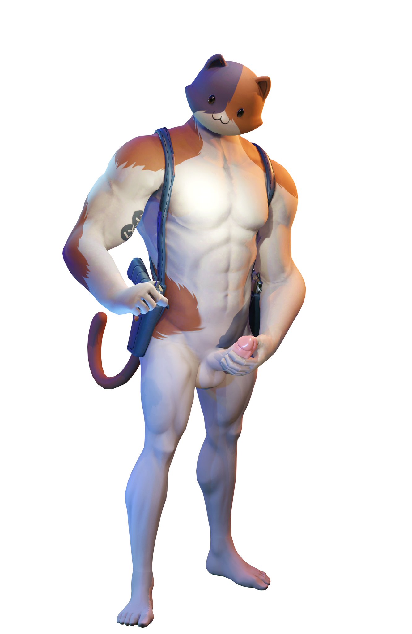 3d 3d_(artwork) ass balls body_blush dollymolly323 domestic_cat epic_games feet fortnite male male_only meowscles_(fortnite) muscular_male naked penis tagme tattoo wear