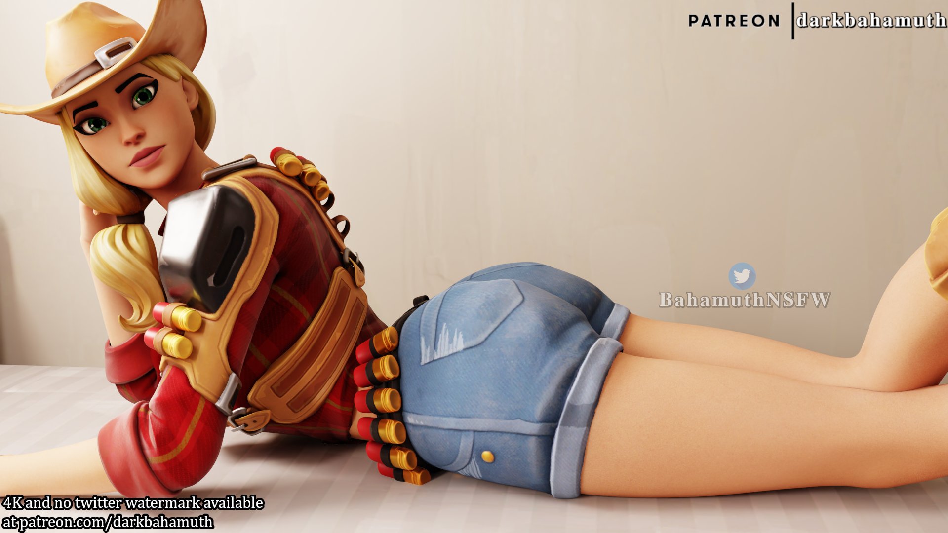 1girls, 3d, blonde hair, darkbahamuth, denim shorts, english text, feet out of frame, female, female only, fortnite, fully clothed, green eyes, hat, patreon url, patreon username, plaid shirt, rustler, shorts, sleeves rolled up, solo, tagme, twitter logo, twitter username