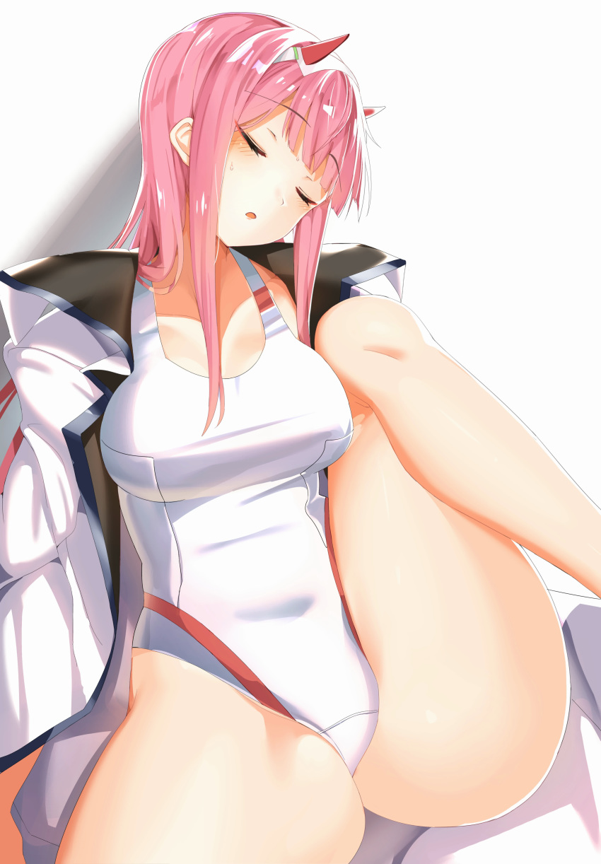 artist request, blush lines, bodysuit, clothed, clothed female, darling in the franxx, eyebrows visible through hair, eyes closed, female, female only, hair ornament, hairband, inner thighs, legs, oblivious, pink hair, resting, sleeping, slight blush, tagme, thick thighs, thighs, zero two (darling in the franxx)
