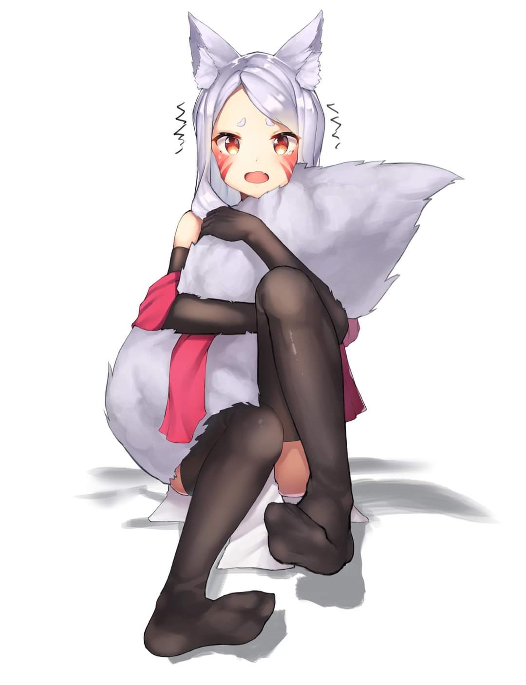 1girls, blush, elbow gloves, female, female only, fox ears, fox girl, fox tail, green eyes, sewayaki kitsune no senko-san, shiro (sewayaki kitsune no senko-san), solo, thighhighs, white hair