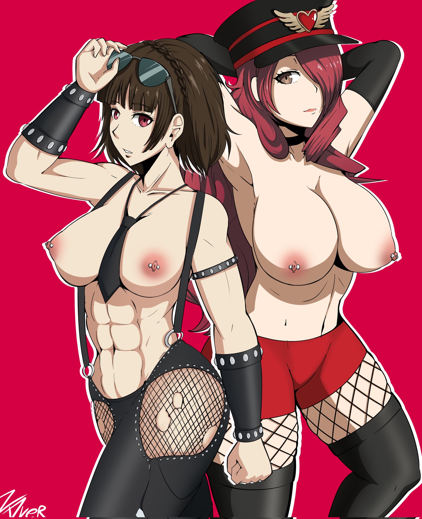 2girls, abs, armpits, big breasts, breasts, brown hair, female, fishnets, gloves, large breasts, makoto niijima, mitsuru kirijo, multiple females, multiple girls, naver, persona, persona 3, persona 5, pierced nipples, red eyes, red hair, tagme, thighhighs
