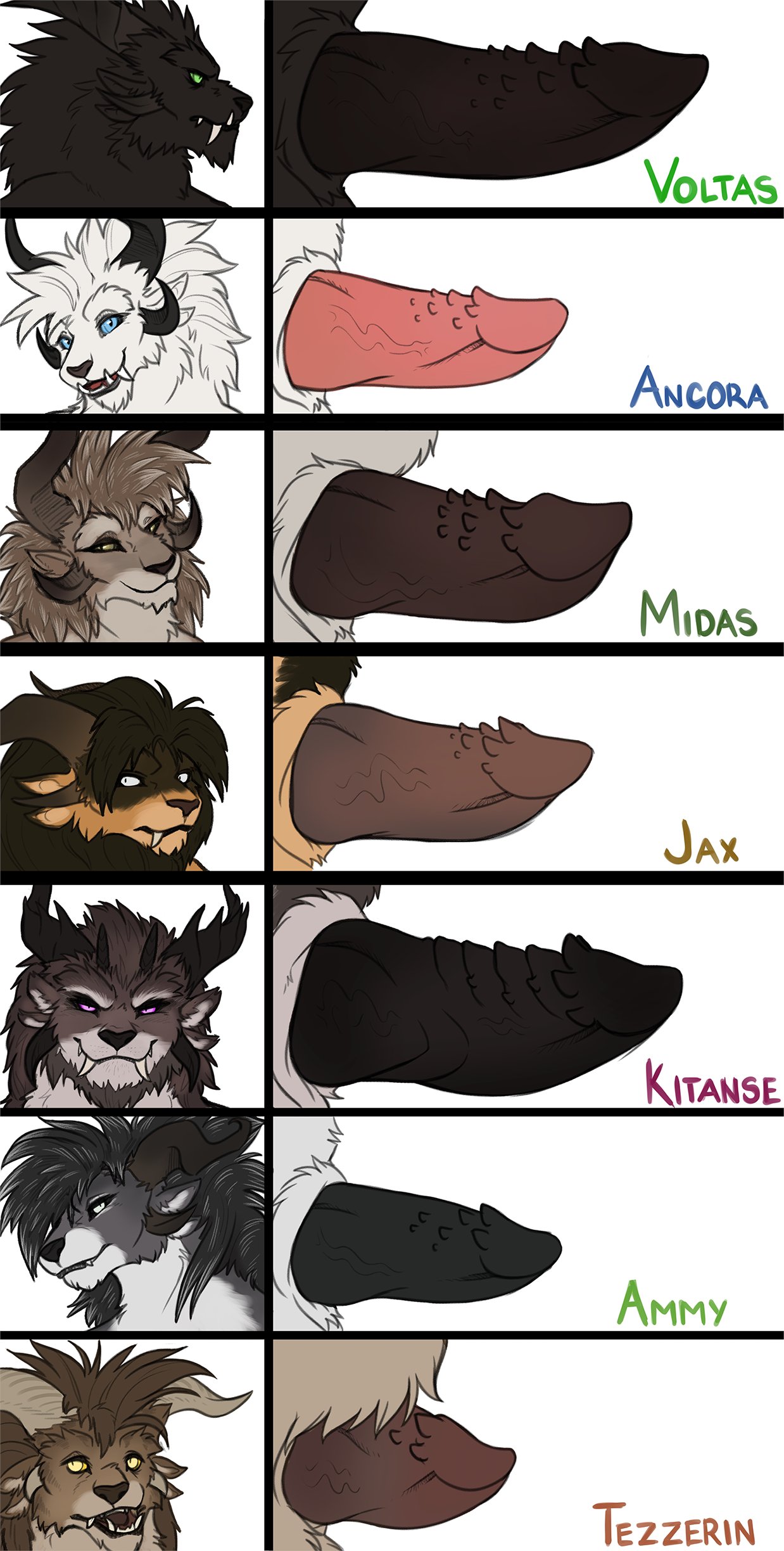 2021 absurd_res anthro big_penis black_hair blue_eyes brown_hair charr erection fangs felid fur fuzzikayu genitals green_eyes grey_body grey_fur group guild_wars hair hi_res horn male male_only mammal penile_spines penis penis_lineup purple_eyes ridged_penis small_penis tan_body tan_fur vampirika video_games white_body white_eyes white_fur white_hair