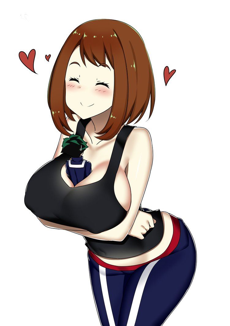 1boy, 1girls, big breasts, black tank top, breasts, brown hair, closed eyes, female, green hair, huge breasts, izuku midoriya, male, my hero academia, ochako uraraka, size difference, smile, tank top