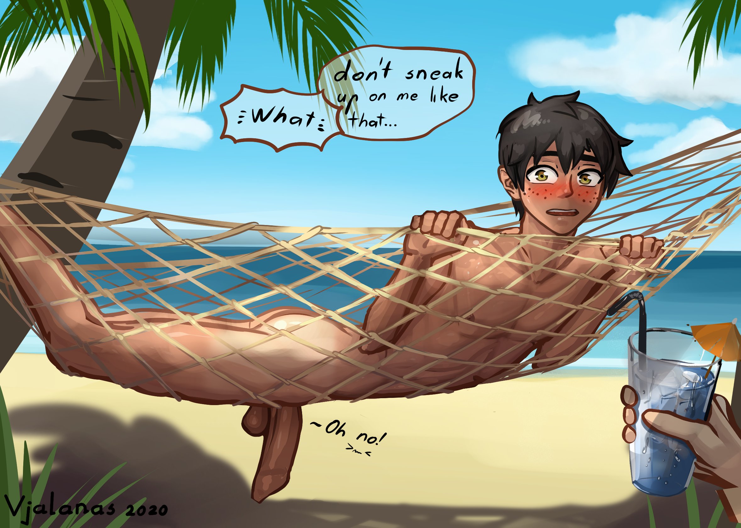 1boy, absolutely nothing on, balls, blush, casual exposure, casual nudity, caught, caught in the act, completely nude, dark skin, dark-skinned femboy, dark-skinned male, dialogue, embarrassed, femboy, flaccid, foreskin, freckles, gay, gay male, girly, hammock, hanging penis, human, large penis, male, nude, oscar pine, penis, rwby, testicles, text, trap, uncircumcised, uncut, vyjalanas, yaoi