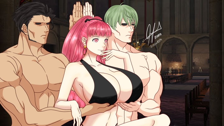 1girls 2boys alternate_breast_size bangs big_breasts bikini black_bikini breast_hold breast_lift breast_support breasts byleth_(fire_emblem) byleth_(fire_emblem)_(male) claude_von_riegan dark-skinned_male dark_skin earrings female female_focus femdom finger_to_face fire_emblem fire_emblem:_three_houses hands_under_breasts hilda_valentine_goneril holding_breast holding_up_breasts huge_breasts large_breasts long_hair male meme muscles muscular muscular_male nintendo osva1059 parody pink_eyes pink_hair ponytail pose servants_holding_aphrodite's_breasts_(meme) sideboob smile straight topless_male voluptuous