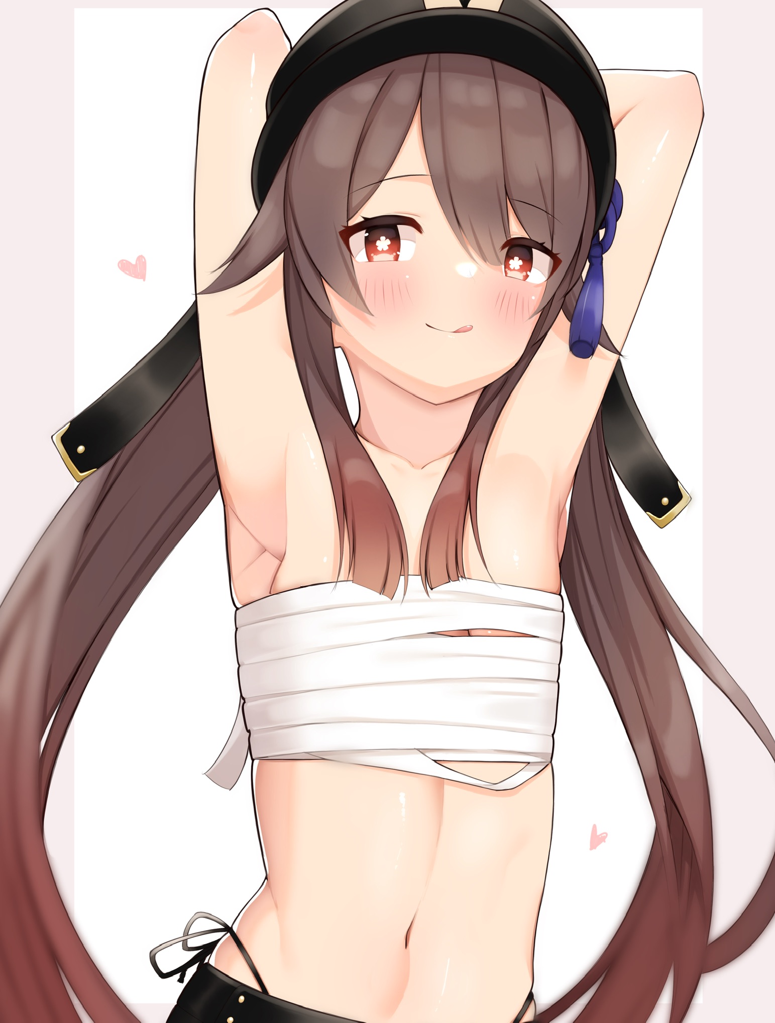 1girls, armpits, arms up, artist request, blush, breasts, brown hair, female, genshin impact, hu tao (genshin impact), licking lips, long hair, small breasts, solo, starry eyes, tied breasts