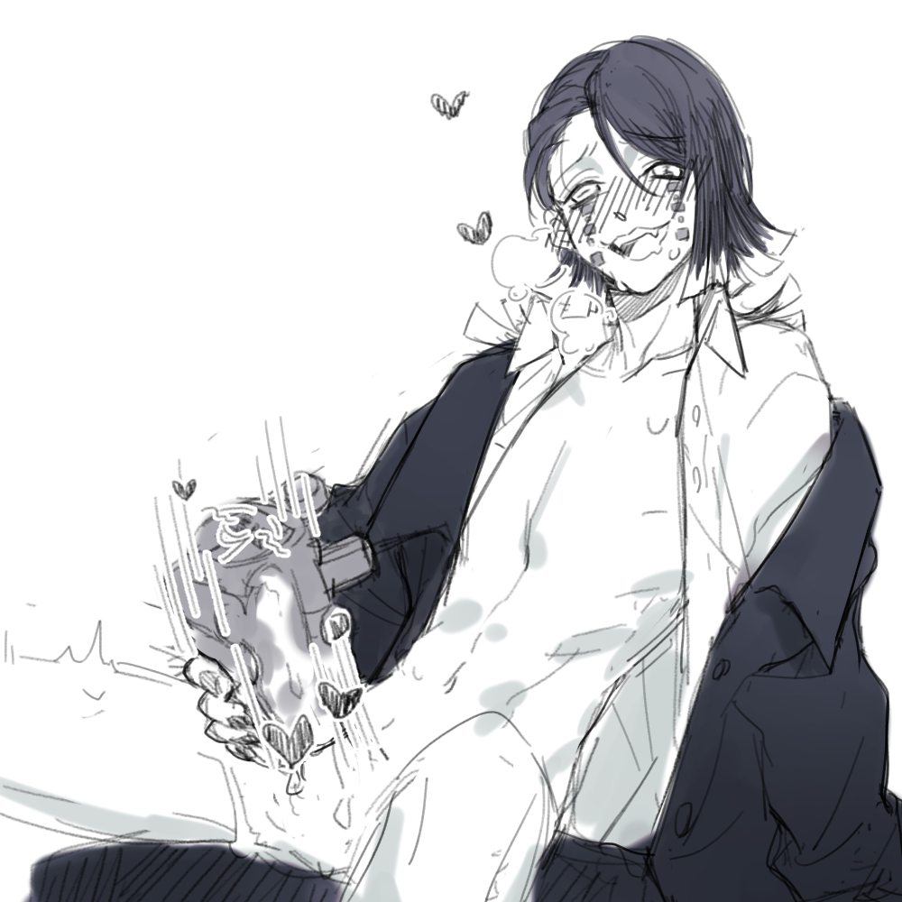 blush, bottomless, demon slayer, enmu, facial markings, fleshlight, kimetsu no yaiba, male, male only, masturbation, partially clothed, pleasure face, sketch, solo