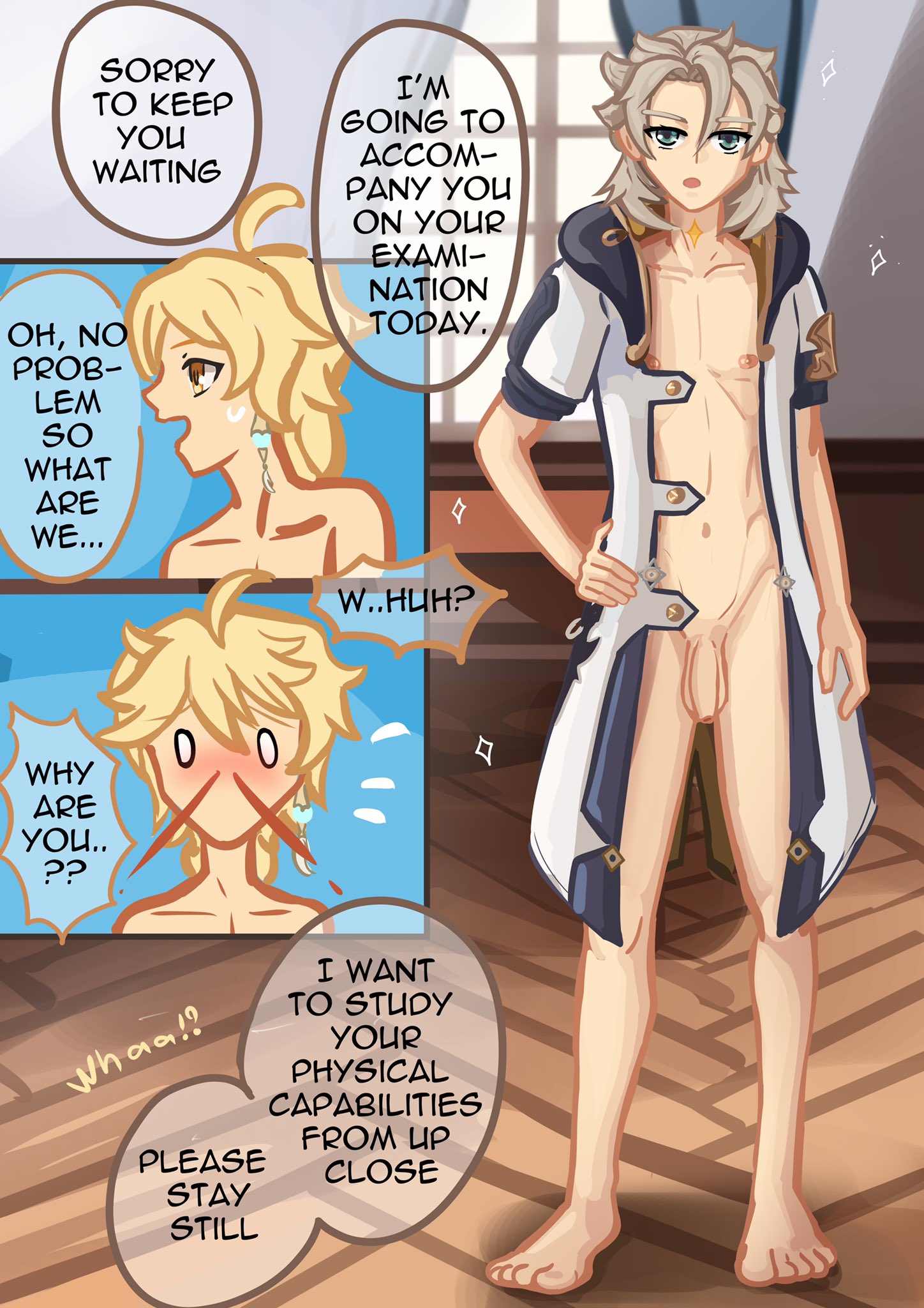 2boys, aether (genshin impact), albedo (genshin impact), blonde hair, clothing, comic, dialogue, femboy, gay, genshin impact, human, male, male only, nude, text, vyjalanas, yaoi