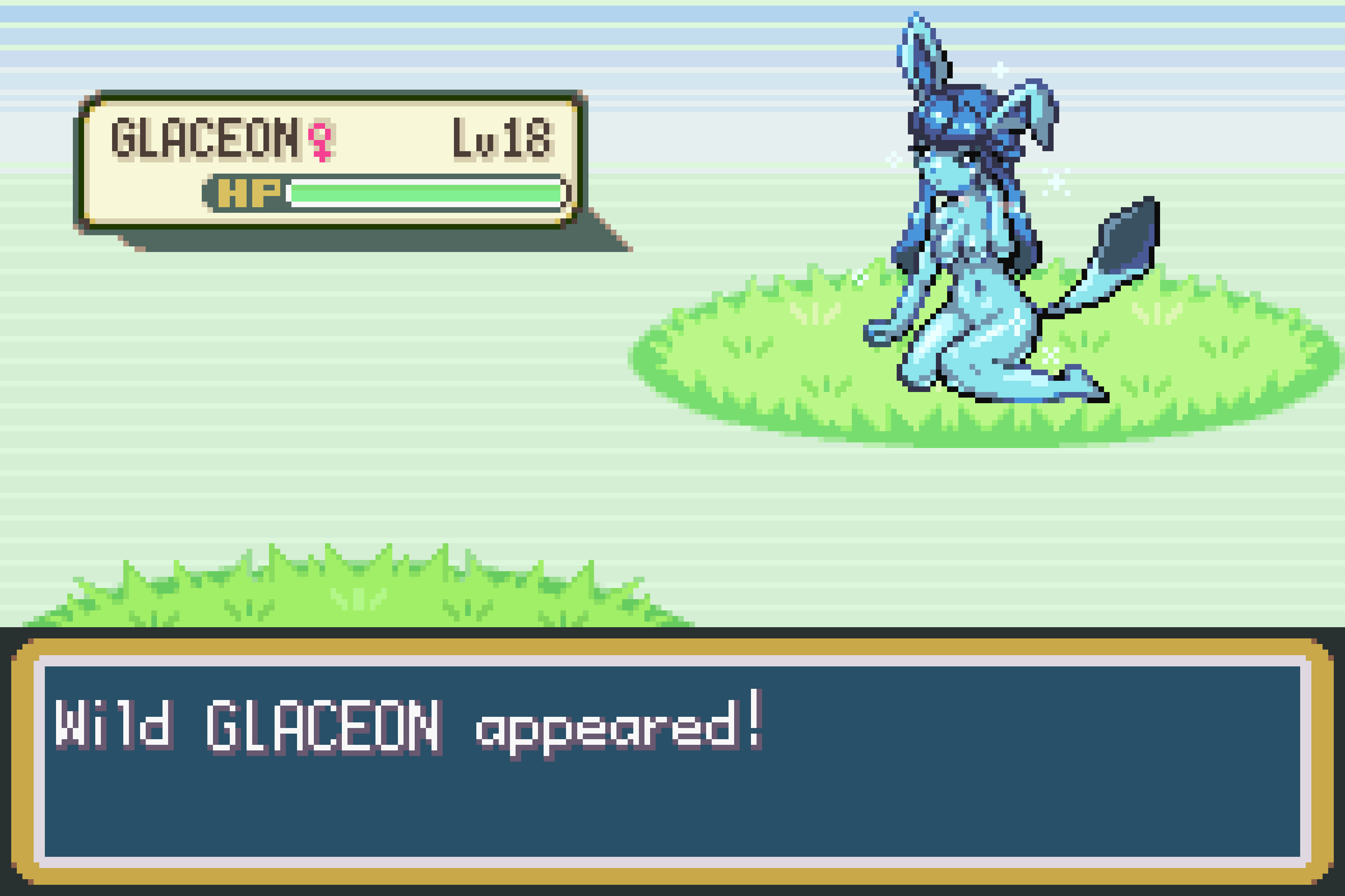 1girls anthro blue_hair blue_skin game_ui gameplay_mechanics glaceon karrobyte nintendo pixel_art pokémon_(species) pokemon pokemon_(species) pokemon_battle text