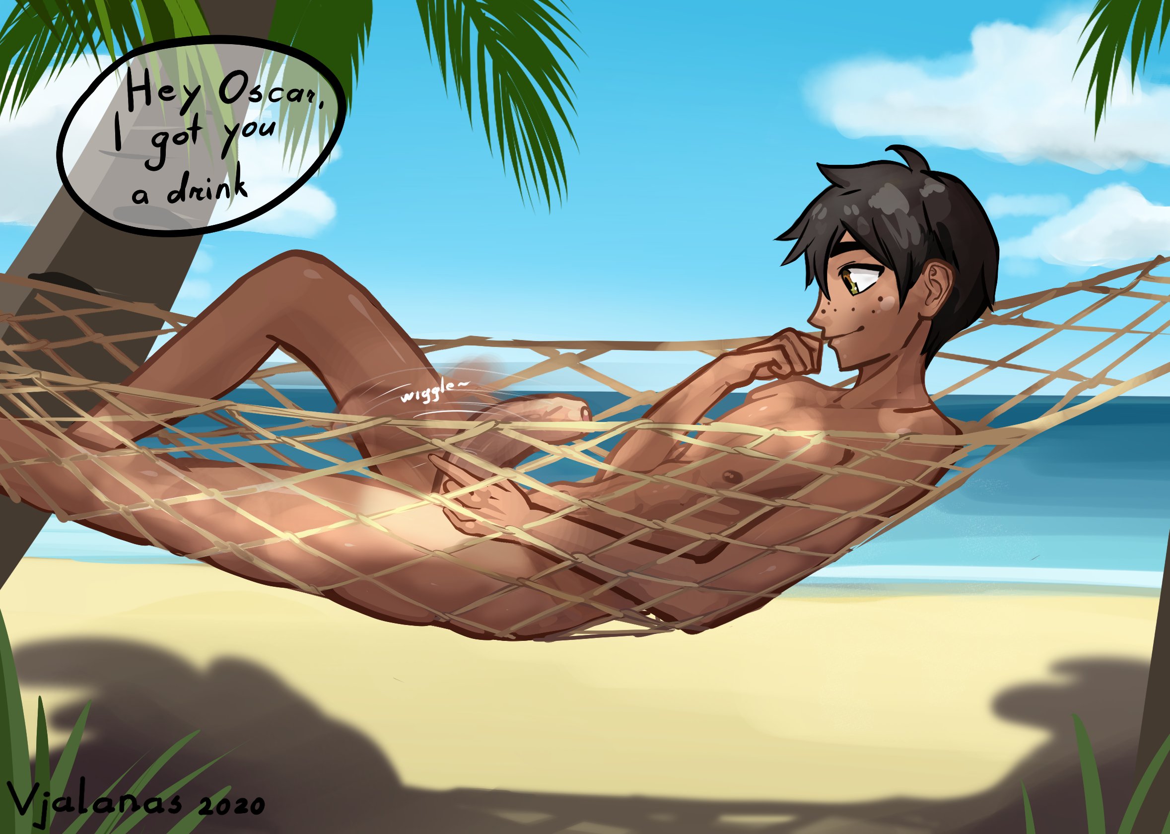1boy, bouncing penis, casual, casual exposure, casual nudity, dark skin, dark-skinned femboy, dark-skinned male, dialogue, femboy, flaccid, foreskin, freckles, gay, gay male, girly, hammock, human, male, masturbation, nude, nudist, oscar pine, penis, playing, public, rwby, text, trap, uncircumcised, uncut, vyjalanas, yaoi