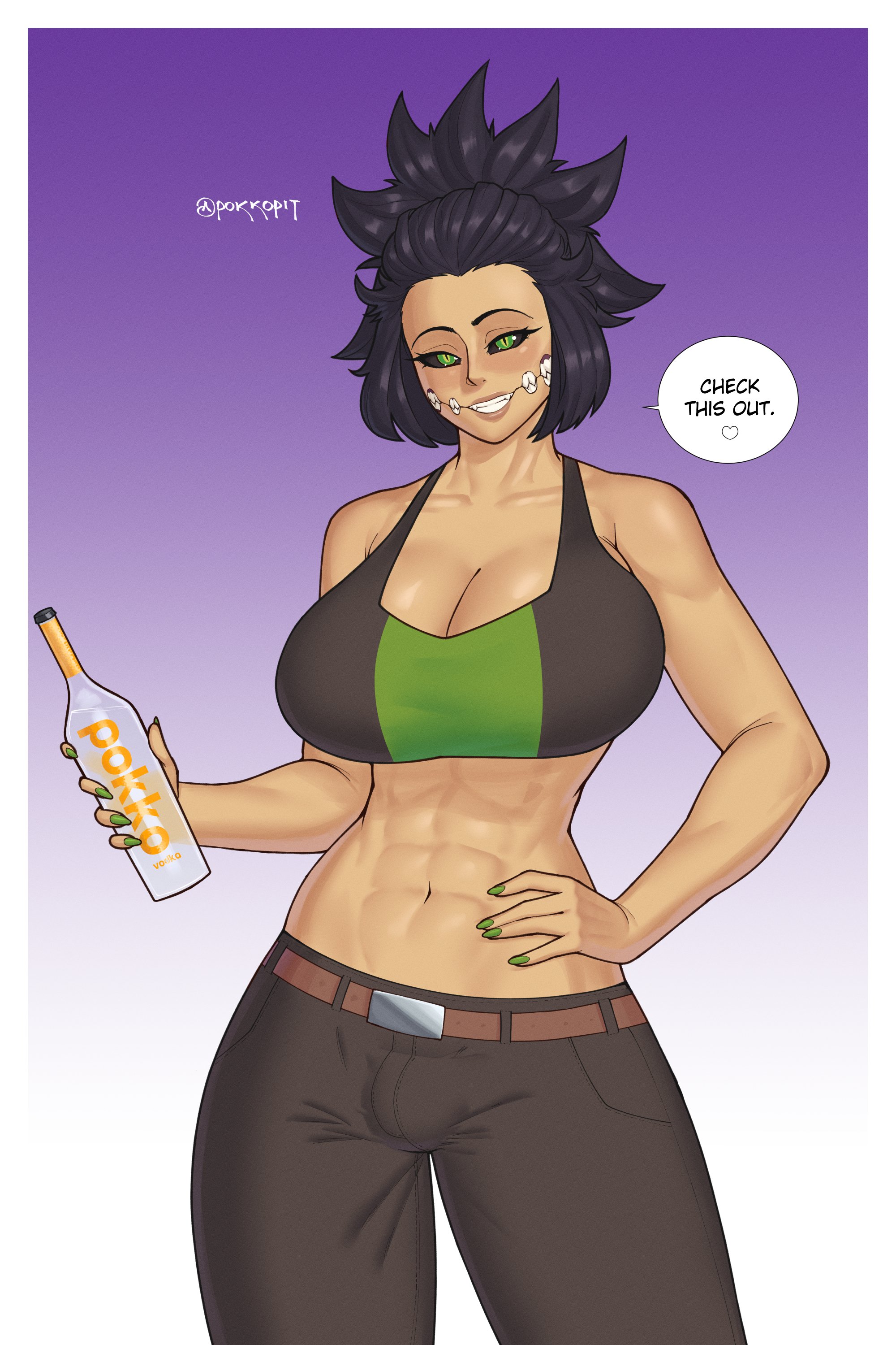 1futa, abs, alcohol, big breasts, black sclera, breasts, bulge, cleavage, clothed, clothing, female, fully clothed, futa only, futanari, huge cock, humanoid, intersex, light skin, light-skinned futa, monster girl, pale skin, penis, pokko (artist), purple hair, solo, split mouth, sports bra, tan skin, text, vi (pokko)