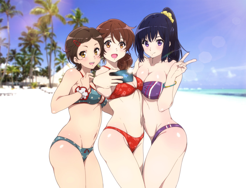 3girls ass beach bikini female hibike!_euphonium katou_hazuki kousaka_reina oumae_kumiko peace_sign phone purple_eyes purple_hair selfie squeezing_breast swimsuit tagme