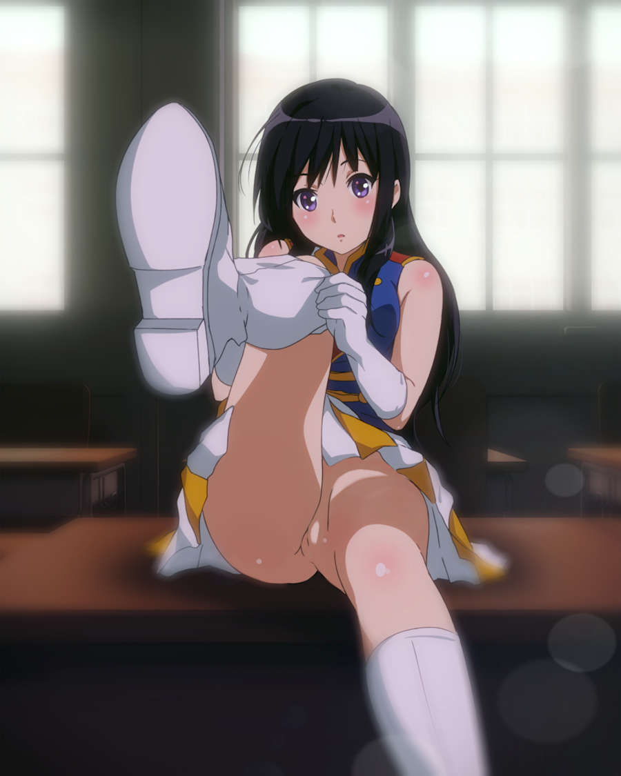 1girls, adjusting clothes, adjusting legwear, black hair, boots, bottomless, clothing, female, female only, hibike! euphonium, innocent, knee boots, kousaka reina, looking at viewer, no panties, nude filter, purple eyes, purple hair, pussy, sbel02, school uniform, skirt, solo, source request, third-party edit, uncensored, uniform, upskirt, white boots