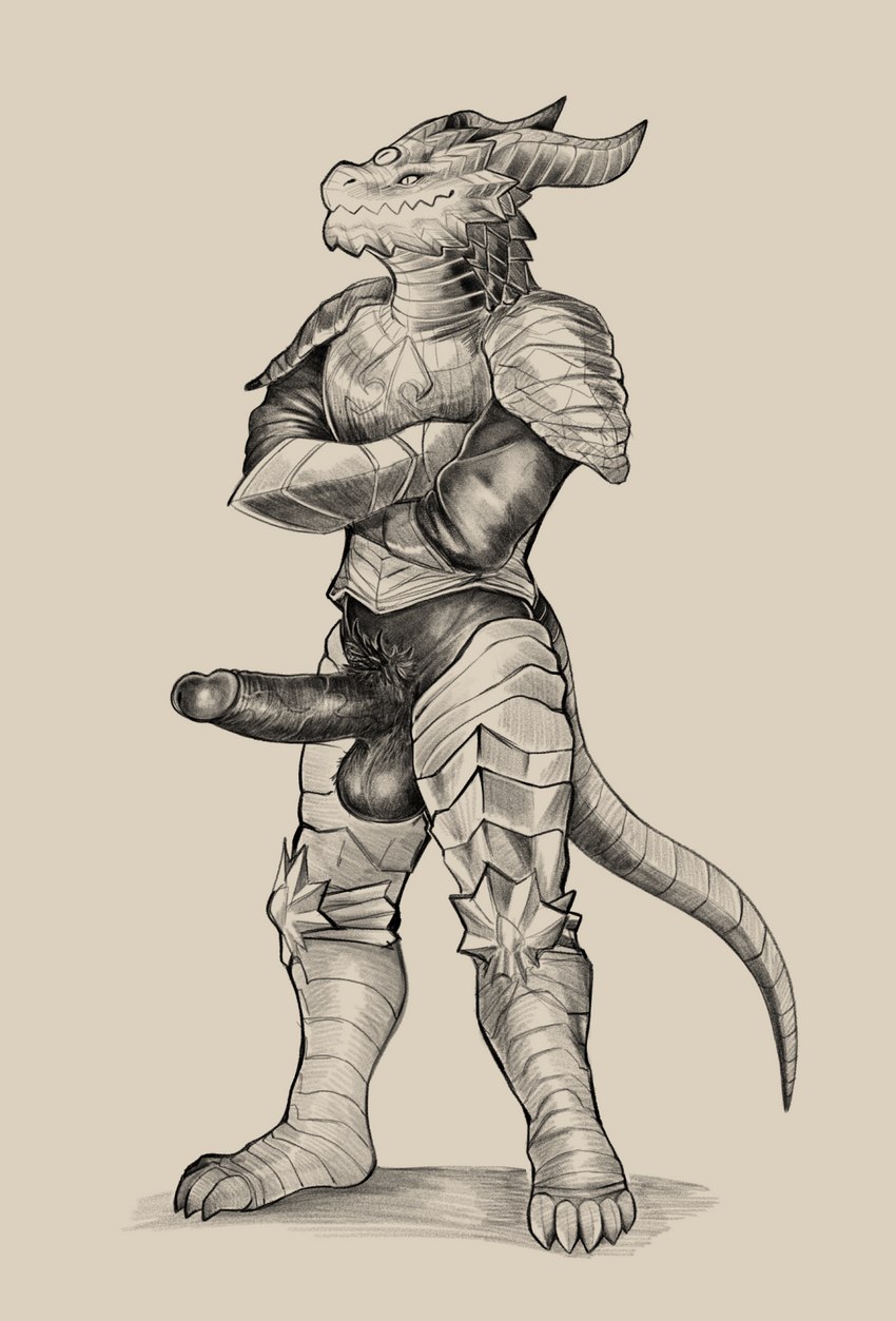 2 horns, 2021, 3 eyes, 5 toes, anthro, anthrofied, armor, balls, black balls, black glans, black penis, breastplate, claws, crossed arms, daftpatriot, dark souls, dragon, dragonoid (dark souls), erection, fan character, feet, fromsoftware, front view, genitals, glans, hi res, horn, humanoid genitalia, humanoid penis, male, male only, multi eye, mythological creature, mythological scalie, mythology, penis, pubes, reptile, scalie, sharp teeth, simple background, smile, solo, standing, tail, tan background, teeth, toe claws, toeless legwear, toes, video games