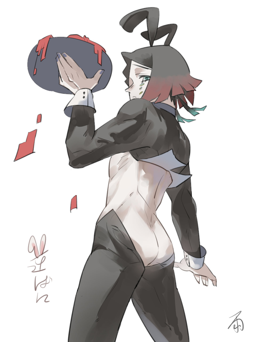 androgynous, ass, black hair, bunny ears, bunnysuit, demon slayer, enmu, kimetsu no yaiba, looking at viewer, looking back, male, male only, multicolored hair, pale skin, reverse bunnysuit, solo, waiter