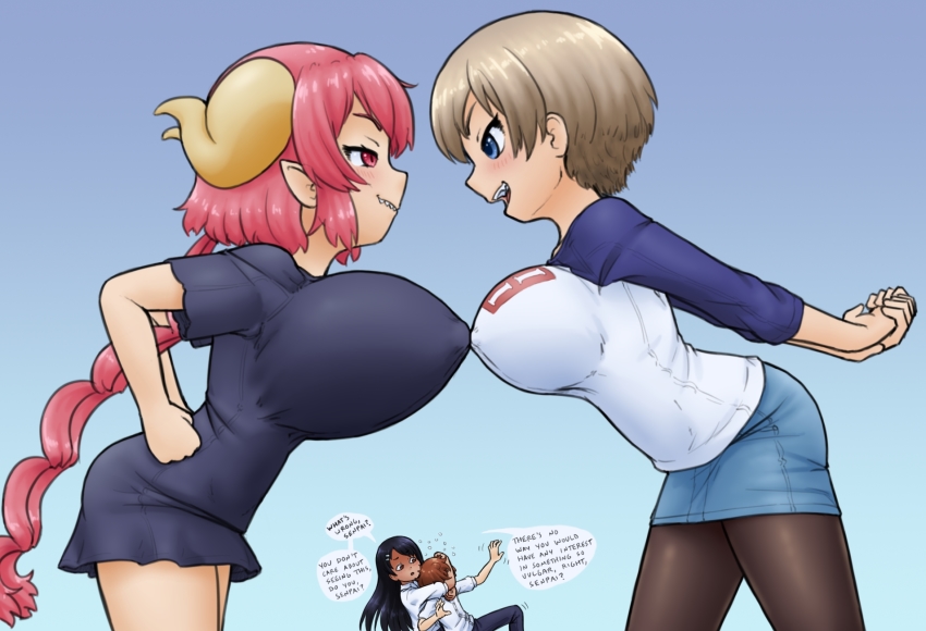 alloyrabbit, bangs, black hair, blue eyes, breasts, crossover, curled horns, dragon girl, dress, drill hair, eyebrows visible through hair, female, grey hair, hair between eyes, hair ornament, hairclip, hayase nagatoro, highres, horns, huge breasts, ilulu (dragon maid), large breasts, long hair, looking at another, miss kobayashi's dragon maid, naoto hachioji (senpai), oerba yun fang, open mouth, pink hair, please don't bully me, nagatoro, school uniform, sharp teeth, shirt, short hair, shortstack, simple background, slit pupils, smile, standing, symmetrical docking, teeth, twin drills, uzaki hana, uzaki-chan wa asobitai!