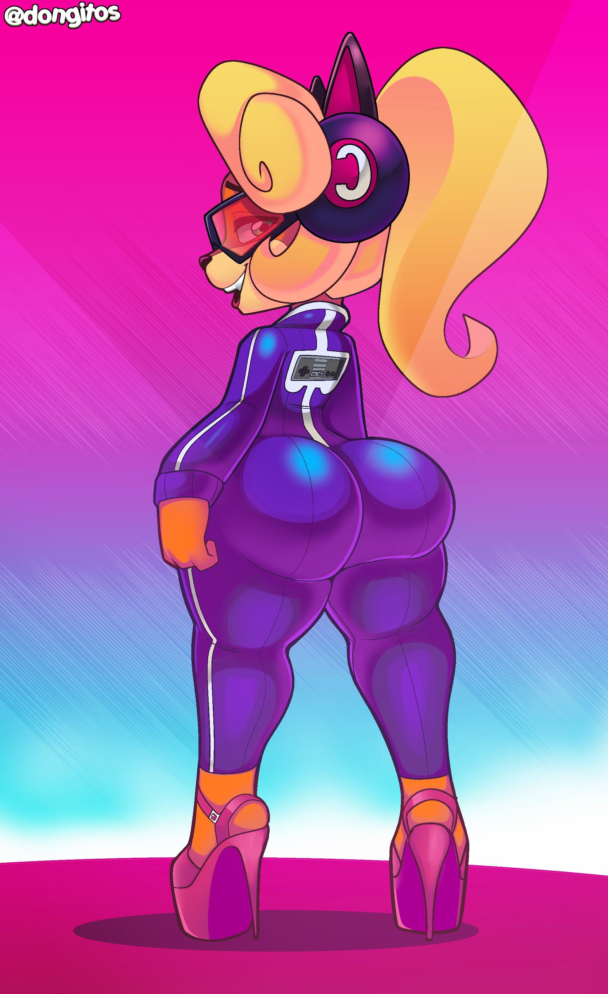 absurd res, activision, anthro, ass, bandicoot, bedroom eyes, big ass, big butt, blonde hair, bubble ass, bubble butt, clothing, coco bandicoot, crash (series), dongitos, eyewear, female, glasses, green eyes, hair, hi res, high heels, huge ass, huge butt, looking at viewer, looking back, mammal, marsupial, narrowed eyes, open mouth, open smile, ponytail, rear view, seductive, smile, solo, thick thighs, tight clothing, video games