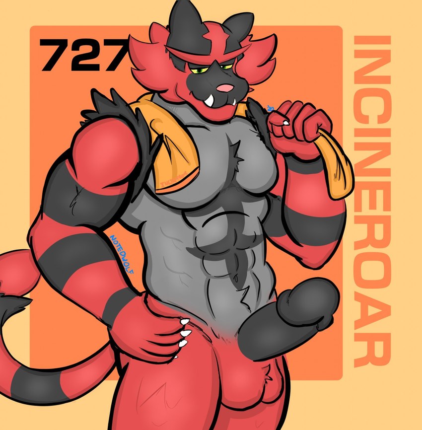 animal_genitalia animal_penis anthro balls bara barazoku black_penis fang felid feline felis flameless_incineroar fur furry genitals half-closed_eyes hi_res humanoid humanoid_genitalia humanoid_penis incineroar male male_only mammal muscular muscular_anthro muscular_male nintendo notedwolf pecs penis pokémon_(species) pokemon pokemon_sm red_body red_fur serious solo towel uncut video_games