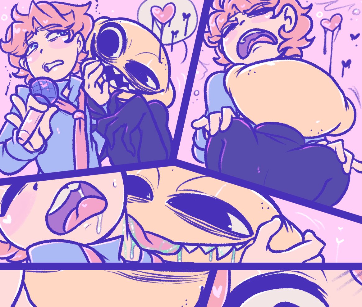 aipeco18, anthro, blush, drool, drooling, fangs, friday night funkin, gay, heart, lemon demon, licking, licking neck, male, male only, monster (friday night funkin), senpai (friday night funkin), tongue, yaoi