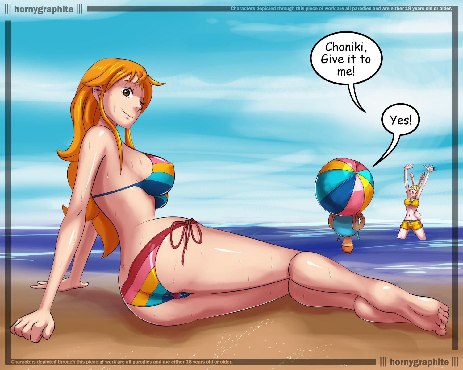 :3, 2girls, ass, blonde hair, blonde-haired female, carrot (one piece), female, hornygraphite, male, nami (one piece), one piece, orange hair, orange-haired female, post-timeskip, rainbow bikini, shounen jump, tagme, tony tony chopper
