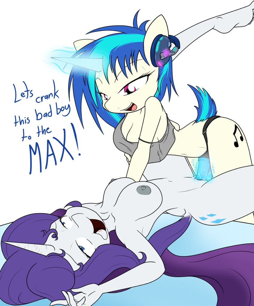 2016 anthro ass big_breasts blue_eyes blue_hair bodily_fluids breasts cleavage clothed clothing crop_top curvy_figure cutie_mark dialogue digital_media_(artwork) dildo drooling duo english_text equid equine eyelashes female female/female fingers friendship_is_magic fur genital_fluids genitals glowing glowing_dildo glowing_sex_toy hair hasbro headphones horn horse mammal multicolored_hair my_little_pony navel nipples nude penetration pony purple_hair pussy pussy_juice rarity_(mlp) red_eyes saliva sandwich-anomaly sex_toy shirt simple_background smile straight_hair strapon teeth text thick_thighs tongue tongue_out topwear unicorn vaginal_penetration vinyl_scratch_(mlp) white_background white_body white_fur yuri