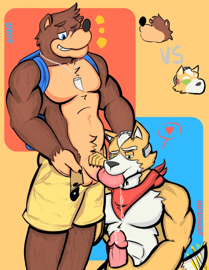 2boys anthro backpack bag balls banjo-kazooie banjo_(banjo-kazooie) bottomwear brown_body brown_fur canid canine duo fox fox_mccloud fur gay genitals heart hi_res humanoid_genitalia humanoid_penis male male/male male_only mammal muscular muscular_anthro muscular_male nintendo notedwolf orange_body orange_fur penis rareware shorts star_fox sucking ursid video_games