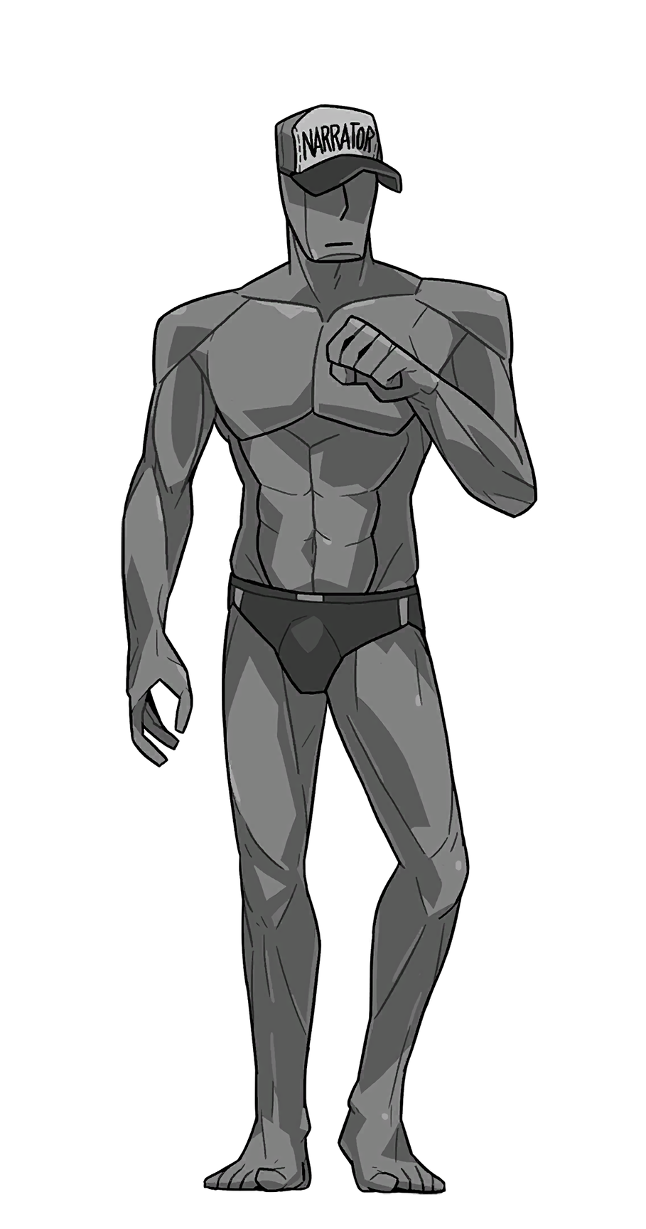 1boy abs belly_button bottomwear bulge feet grey_body grey_skin hat male male_only monster_prom narrator_(monster_prom) official official_art pecs serious solo toes underwear