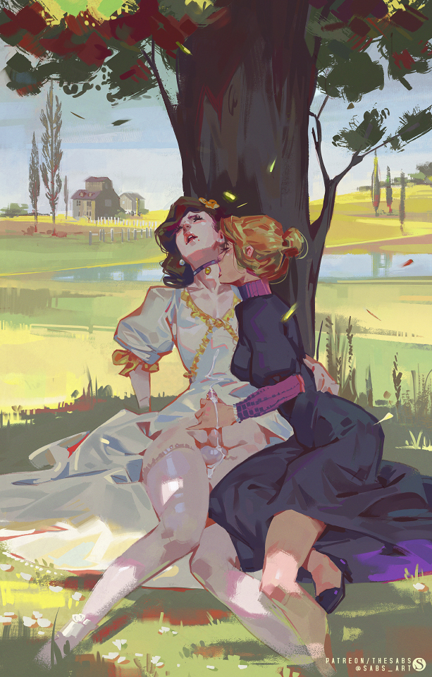 1boy 1girls androgynous crossdressing cum detailed_background erection female femboy femboy_on_female girly handjob hetero kissing_neck male male/female outdoor_sex outdoors outside painting_(artwork) penis sabudenego straight trap under_tree