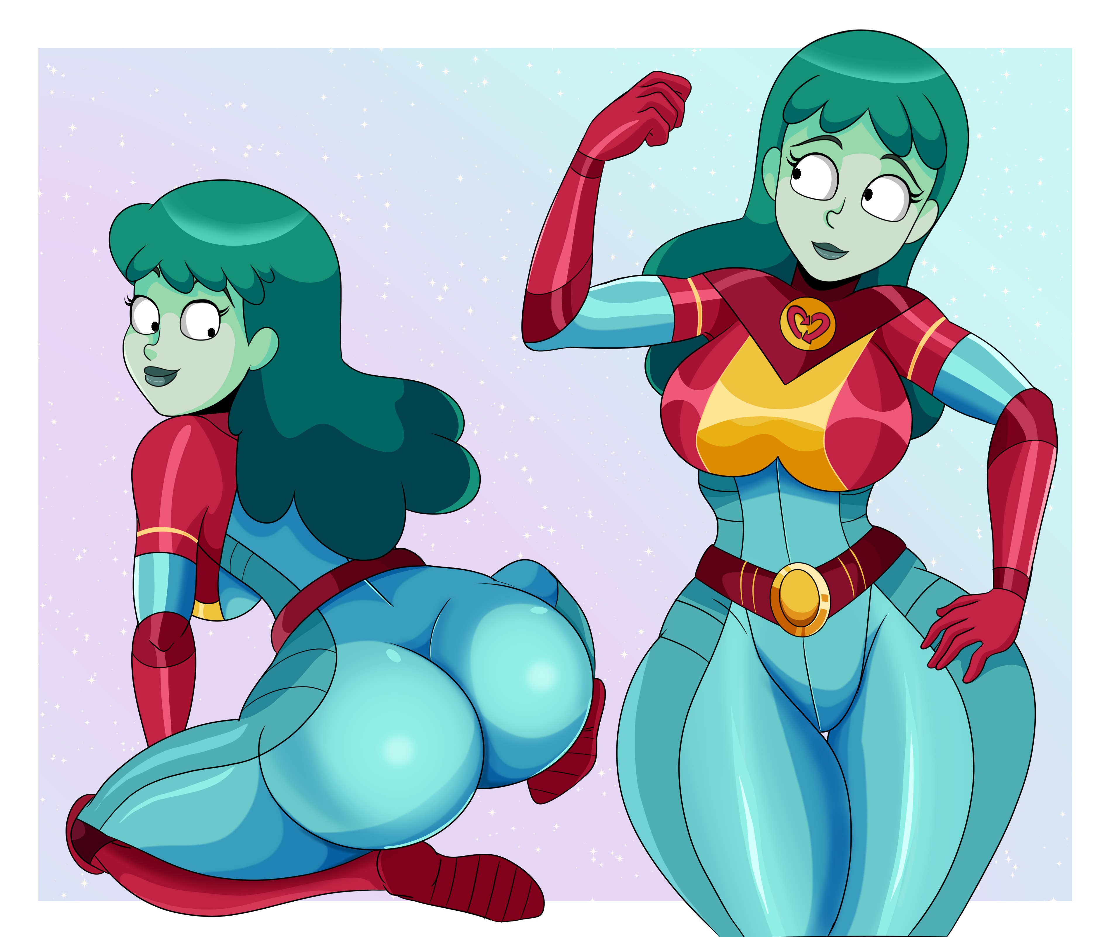1girls, ass, big ass, breasts, female, female only, female superhero, green hair, huge ass, huge breasts, looking back, planetina, rick and morty, skin tight, smile, sonson-sensei, superheroine, thick thighs, thighs