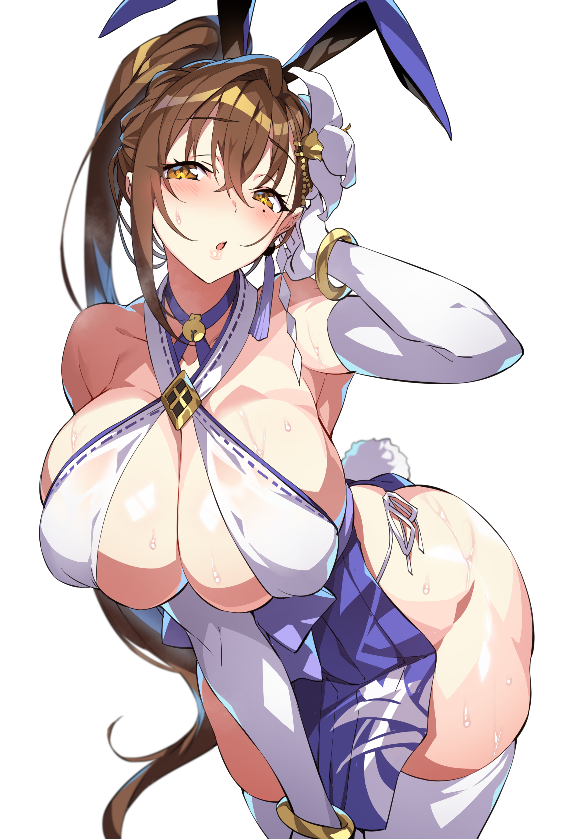 :o, 1girls, 2021, amber eyes, arm up, armpits, ass, barely clothed, barely contained, beauty mark, bell, blue bottomwear, blush, blushing, bracelet, breasts, brown hair, bunny ears, bunny girl, bunny tail, cleavage, female, female focus, female only, flower hair ornament, gan (shanimuni), hair ornament, hanging breasts, head tilt, hi res, hips, huge breasts, jewelry, kanpani girls, leaning forward, long gloves, long hair, looking at viewer, mature female, mole under eye, open mouth, revealing clothes, shiny skin, shirayuri sakura, side slit, side-tie panties, simple background, skindentation, slim waist, sweat, sweaty body, thick thighs, thighhighs, thighs, white background, white gloves, white panties, white thighhighs, white topwear, wide hips