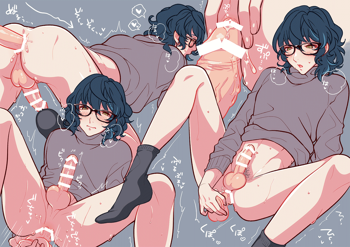 1boy, anal, anal insertion, anal masturbation, anal penetration, balls, blue hair, blush, blush lines, bottomless, censored, censored anus, censored penis, chumumu, dildo, dildo in ass, dildo penetration, ensemble stars!, erect penis, erection, femboy, girly, glasses, green eyes, male, male focus, male only, masturbation, multiple images, multiple scenes, multiple views, no panties, penis, shirt, shirt only, simple background, solo, solo focus, solo male, testicles, topwear, topwear only, tsumugi aoba