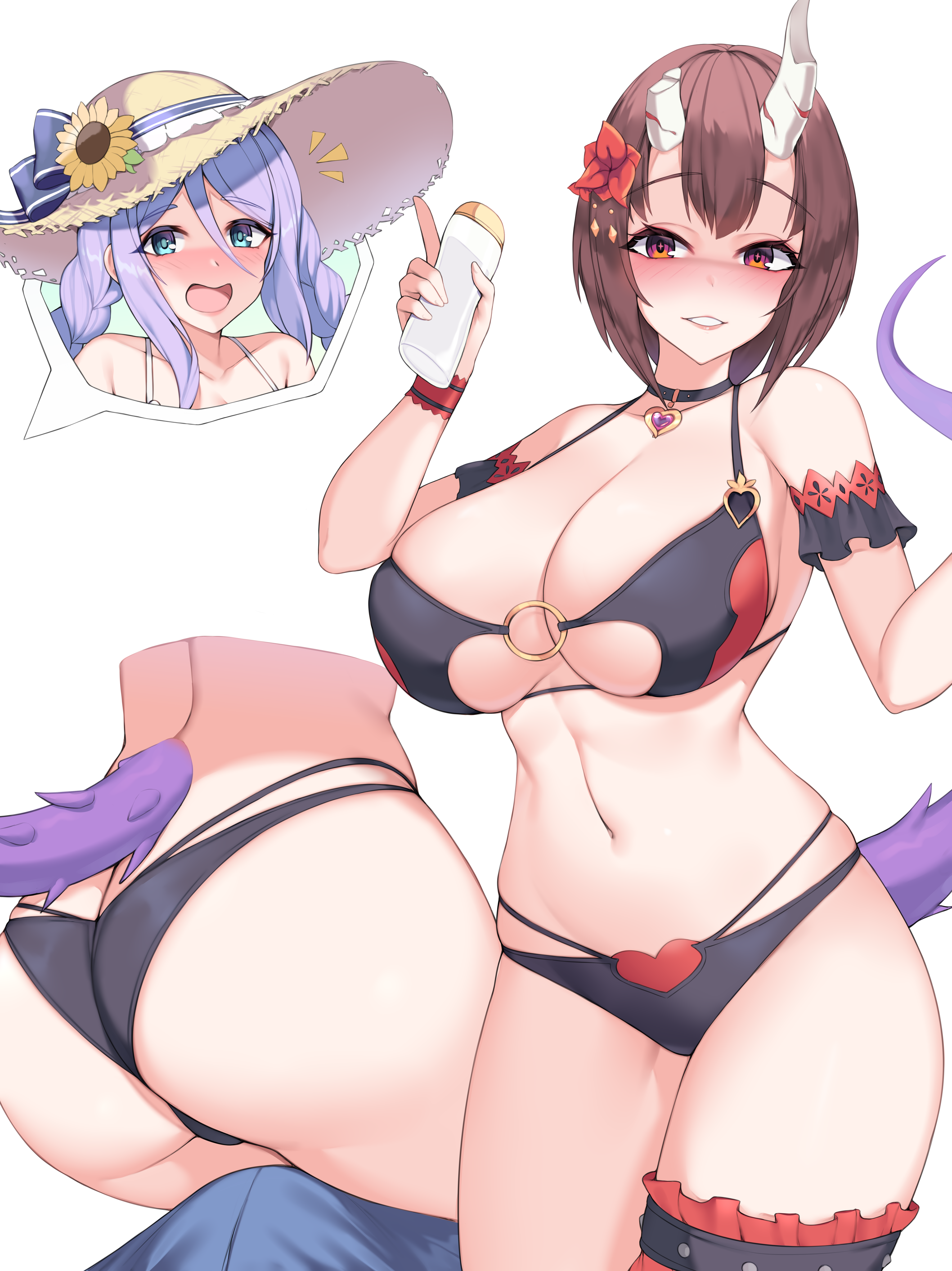 2girls, absurd res, ass, ass cleavage, ass crack, big breasts, bikini, bra, breasts, broken horn, brown eyes, brown hair, bulge, butt crack, cleavage, eriko (princess connect!), female, female focus, female only, flower in hair, hair ornament, highres, horn, horns, kuavera, linea alba, looking at viewer, multi-strapped bikini, multiple females, multiple girls, navel, o-ring, panties, pantsu, princess connect!, princess connect! re:dive, simple background, speech bubble, sunscreen, swimsuit, tail, white background