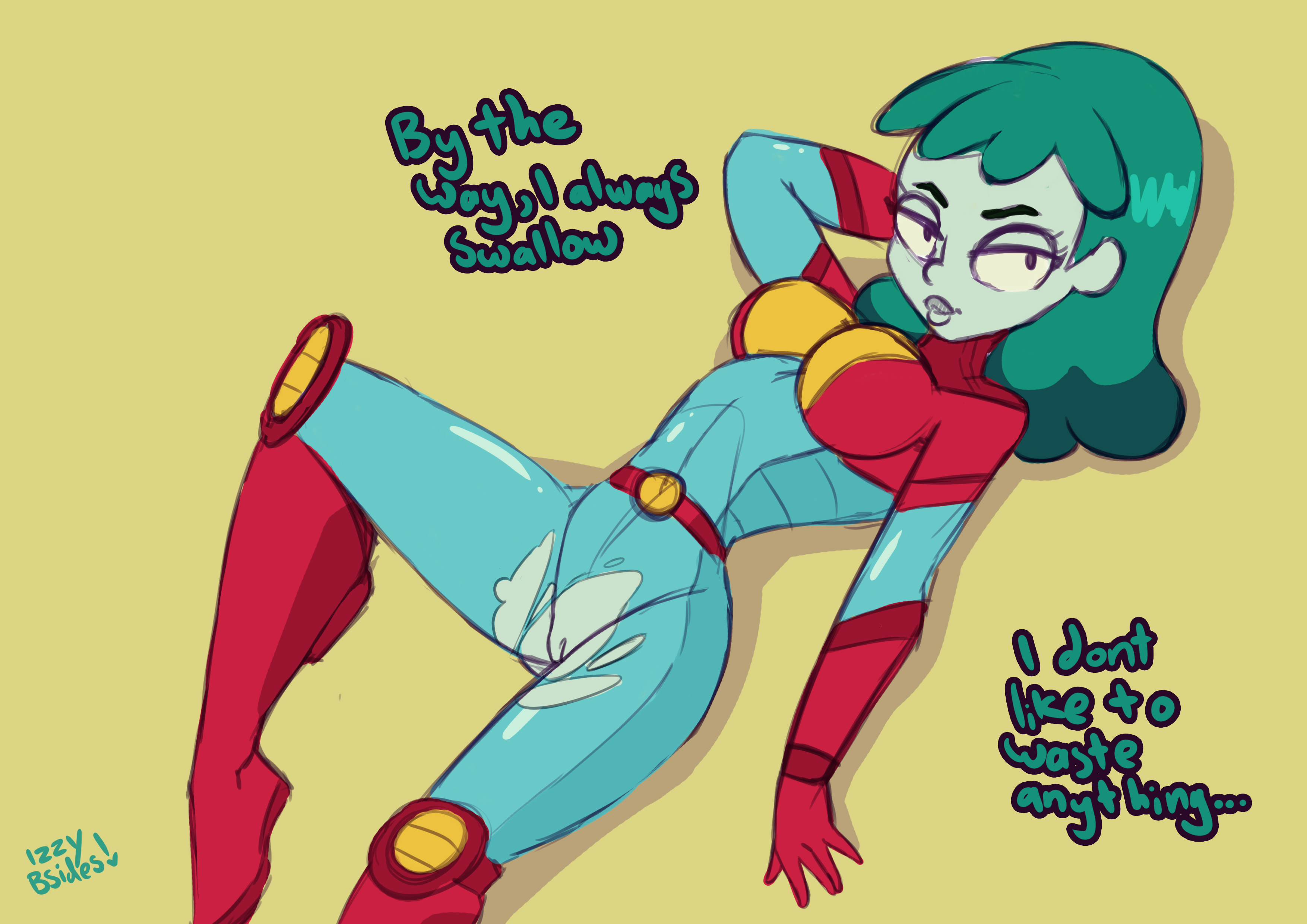 1girls, female, female only, green hair, innie pussy, izzybsides, planetina, pussy, rick and morty, solo, solo female, superheroine, tagme, text, torn bodysuit, torn clothes