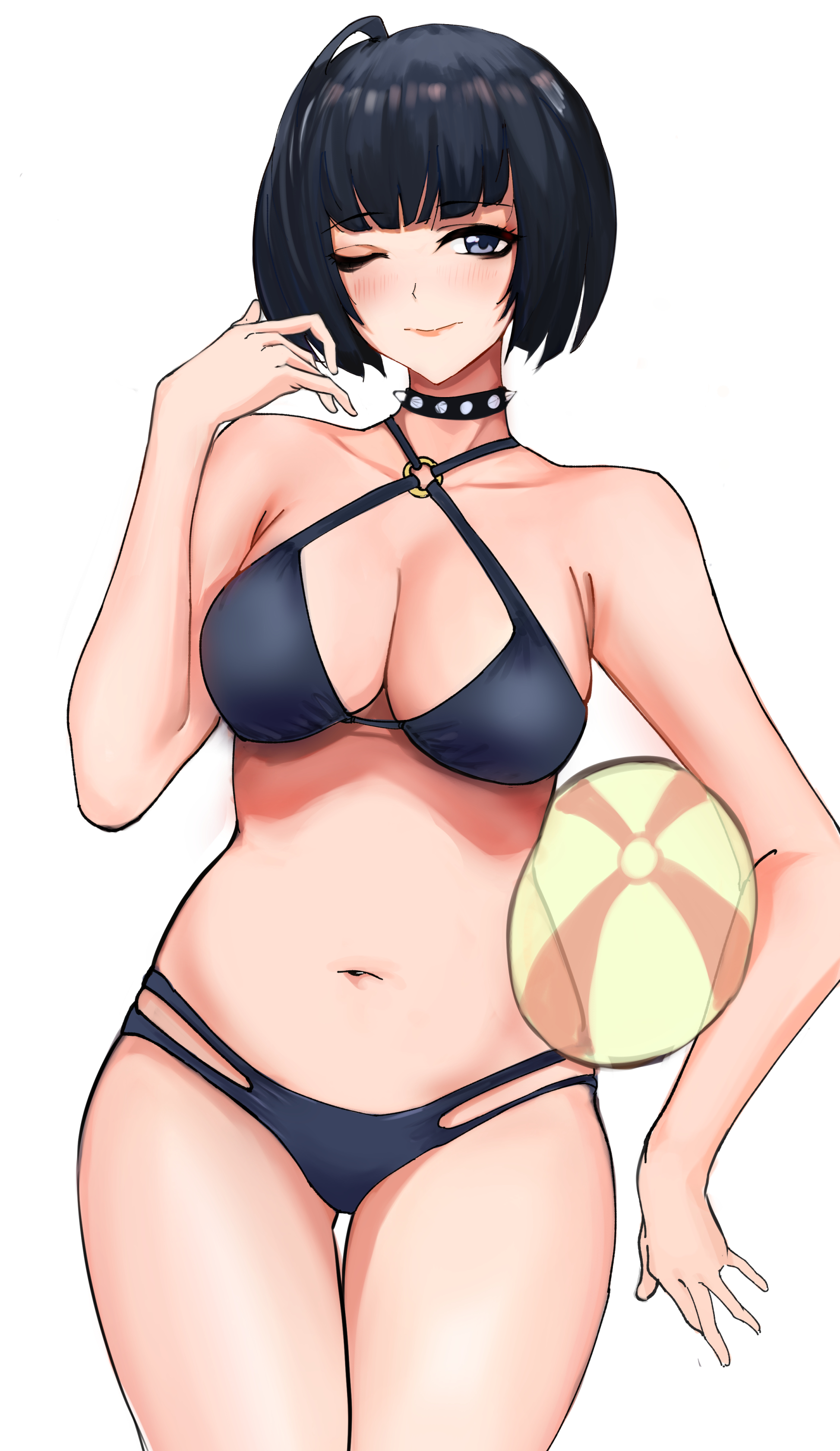 1girls, ass visible through thighs, atlus, beach ball, bikini, blue eyes, breasts, dark blue hair, female, lipstick, nero watch, one eye closed, persona, persona 5, short hair, solo, swimsuit, tae takemi, white background, white skin