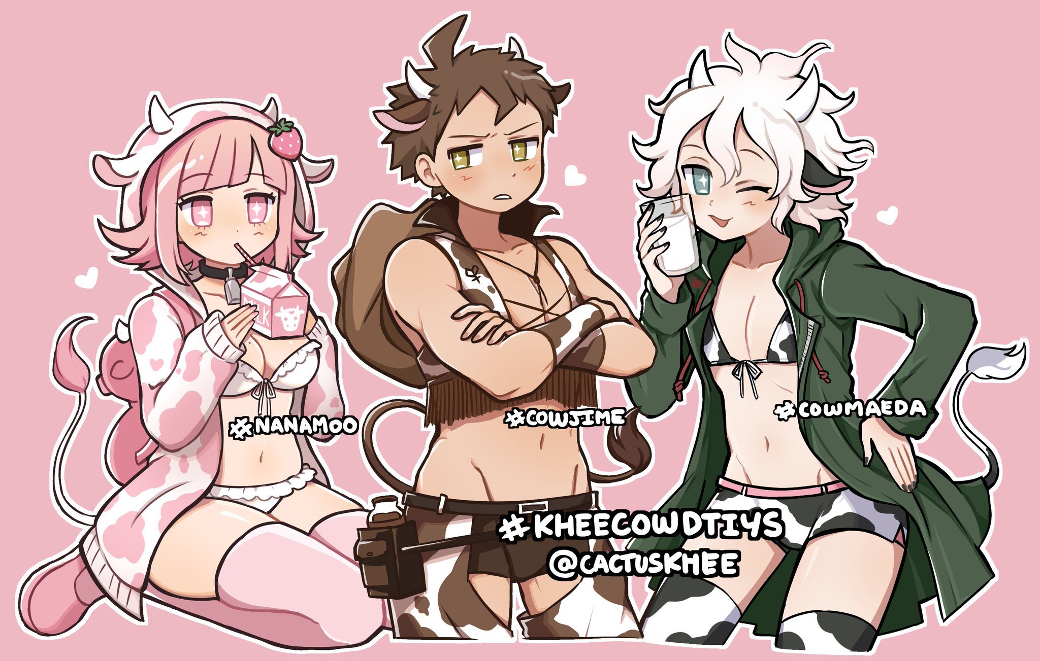 1girls, 2boys, artist request, blue eyes, brown hair, cow boy, cow ears, cow girl, cow horns, cow print, cow tail, cowbell, danganronpa, danganronpa 2: goodbye despair, female, green eyes, hinata hajime, horns, male, milk, nagito komaeda, nanami chiaki, pink hair, pink nipples, straight hair, white hair