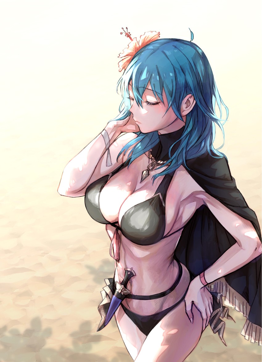 1girls alternate_costume bikini black_bikini black_swimsuit blue_eyes blue_hair breasts byleth_(fire_emblem) byleth_(fire_emblem)_(female) byleth_(summer)_(fire_emblem)_(female) cape closed_eyes dagger female fire_emblem fire_emblem:_three_houses fire_emblem_heroes flower hand_on_hip knife medium_hair nintendo outdoors outside pale_skin solo swimsuit t_misaomaru teal_hair weapon