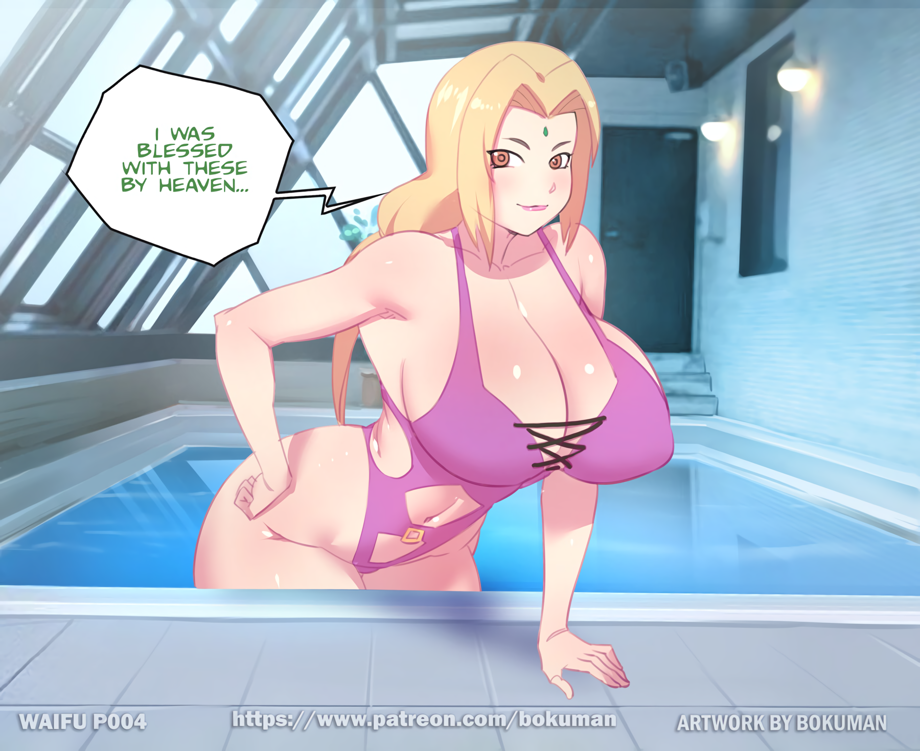 1girls, big breasts, blonde hair, bokuman, breasts, busty, cleavage, clothed female, female, female focus, female only, huge breasts, mature female, naruto, naruto (series), naruto shippuden, one-piece swimsuit, pool, poolside, shounen jump, solo, solo female, that pool, tsunade