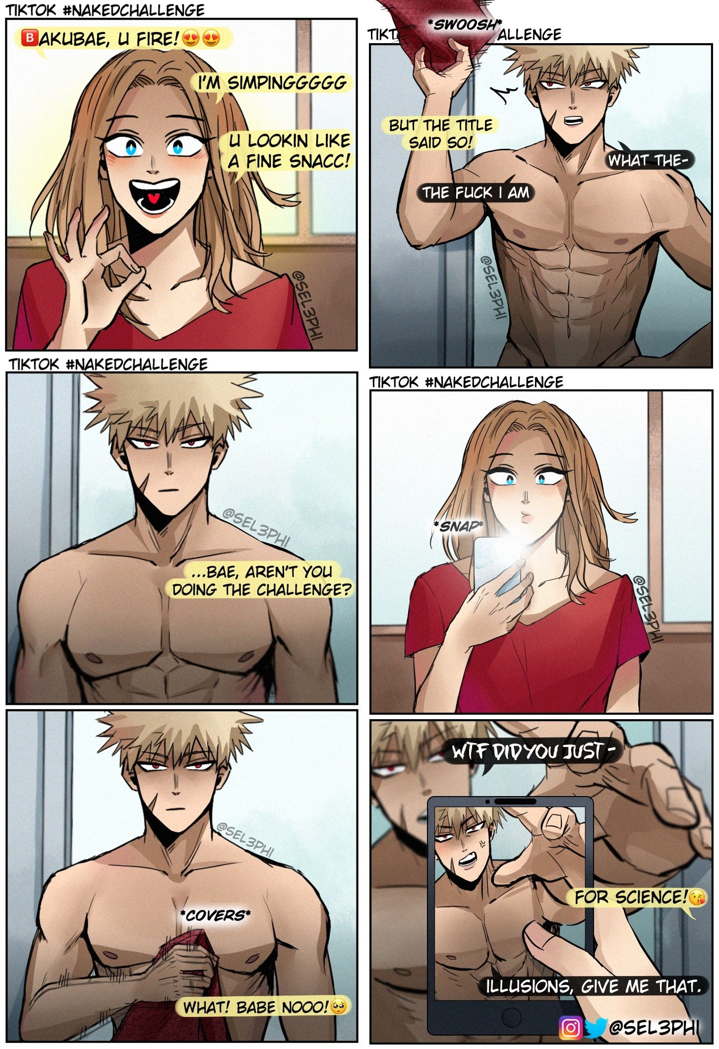 1boy, 1girls, after shower, aged up, being filmed, blonde hair, blonde-haired female, blonde-haired male, camie utsushimi, challenge, clothed female nude male, comic, dialogue, emoji, english text, female, filming, katsuki bakugou, male, muscular, muscular male, my hero academia, naked, naked towel, nude, ok sign, partially colored, phone, phone screen, scar, selephi sel3phi, spiky hair, straight, taking picture, text, tiktok, towel