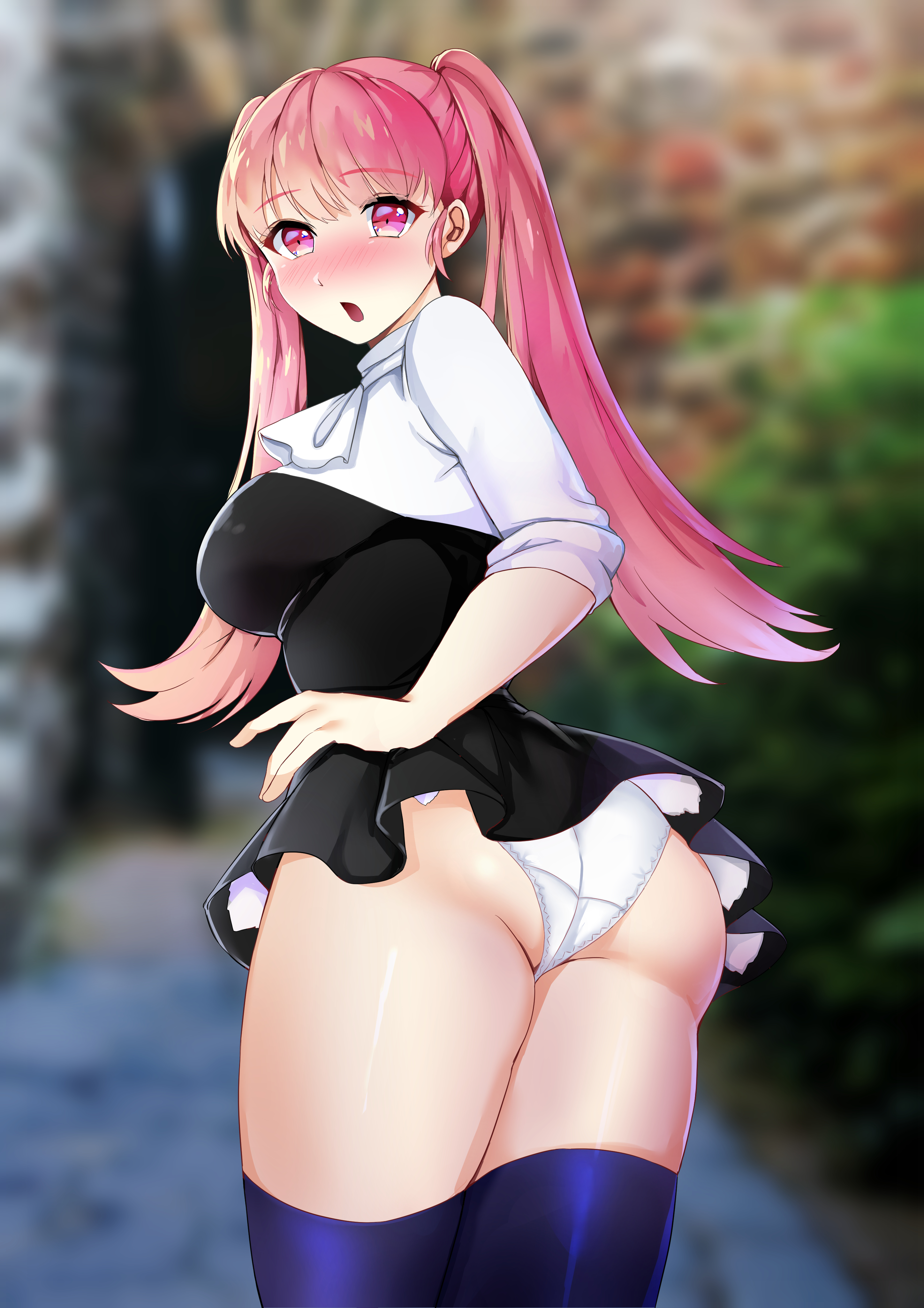 1girls, ass, back view, bangs, bare thighs, blush, breasts, embarrassed, female, fire emblem, fire emblem: three houses, fully clothed, garreg mach monastery uniform, hilda valentine goneril, large ass, large breasts, long hair, looking at viewer, looking back, nintendo, open mouth, panties, pantyshot, pantyshot (standing), pink eyes, pink hair, solo, tara (szzj7733), thick thighs, thighhighs, twintails, upskirt, white panties