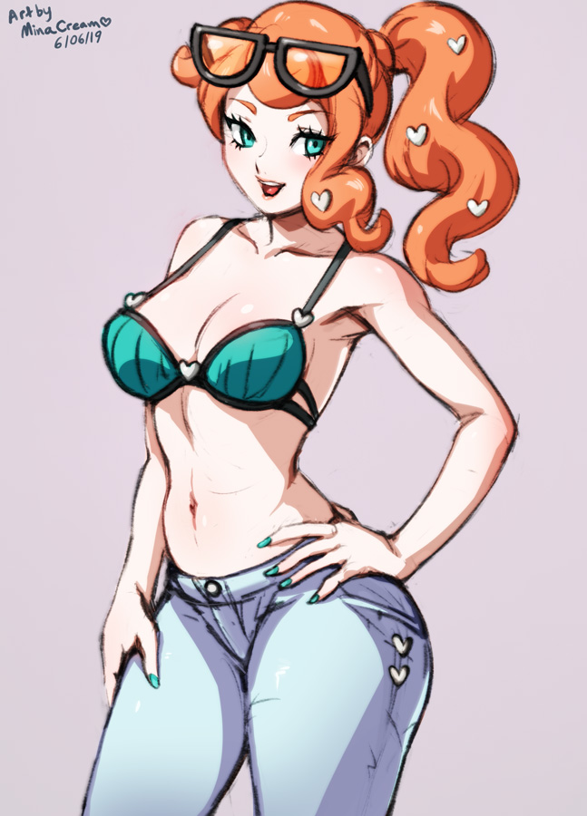 1girls, artist name, bikini top, breasts, eyelashes, female, female only, glasses, glasses on head, green eyes, green nails, hair ornament, hand on hip, heart, heart hair ornament, jeans, lips, long nails, looking at viewer, medium breasts, minacream, nail polish, nintendo, open mouth, orange hair, orange-haired female, pants, pink background, pokemon, pokemon ss, ponytail, purple background, side ponytail, simple background, solo, solo female, sonia (pokemon), tight jeans, tight pants