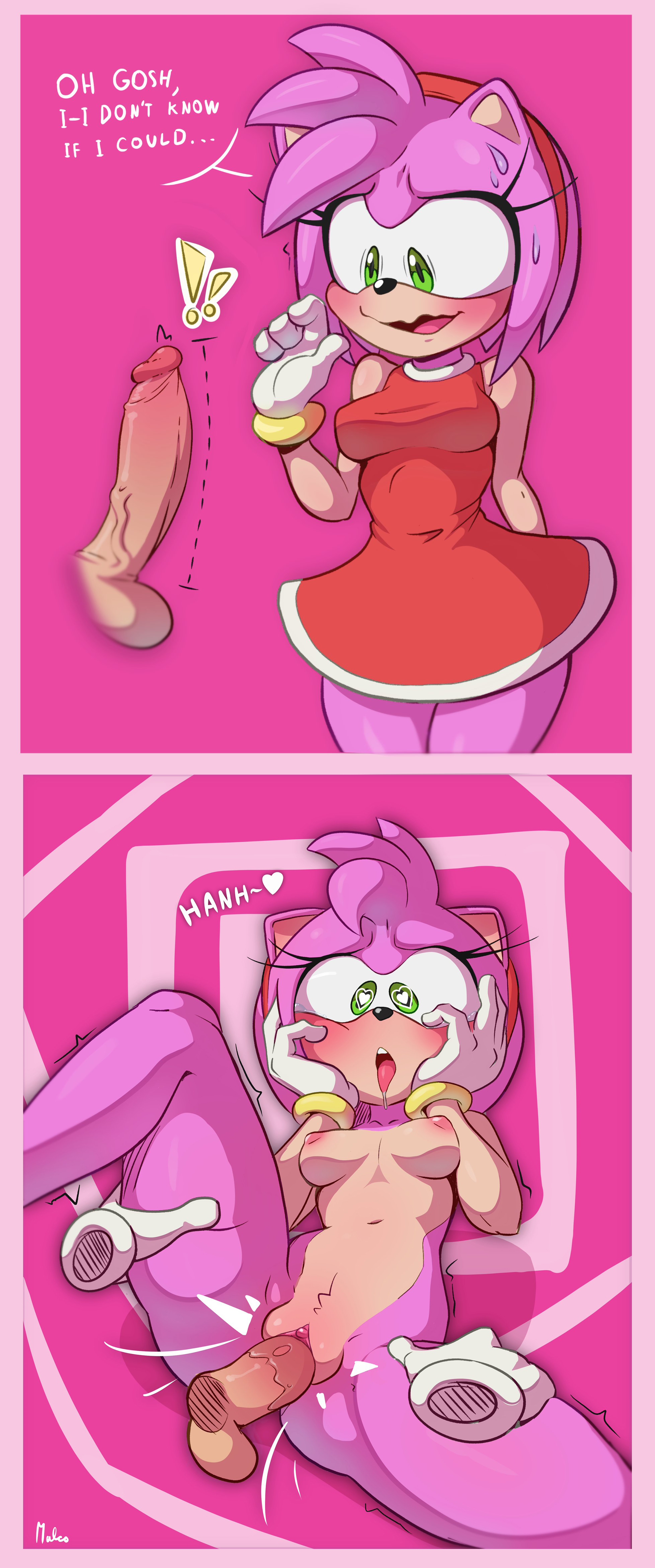 <3 eyes, 2019, 4 fingers, absurd res, accessory, amy rose, anthro, balls, bodily fluids, breasts, clothed, clothing, comic, dialogue, disembodied hand, disembodied penis, dress, duo, english text, erection, eulipotyphlan, female, female penetrated, fingers, fur, furry, genital fluids, genitals, gloves, green eyes, hair accessory, hairband, handwear, heart, hedgehog, hi res, humanoid penis, looking at penis, looking pleasured, malcontentus, male, male penetrating, male penetrating female, mammal, mostly nude, navel, nervous, nipples, open mouth, penetration, penis, penis awe, pink background, pussy, pussy juice, saliva, sega, sex, signature, simple background, solo focus, sonic (series), straight, sweat, sweatdrop, tagme, text, vaginal penetration, video games, young
