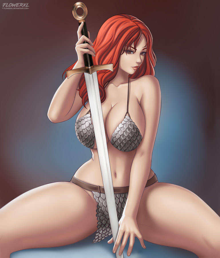 1girls, artist name, big breasts, bikini armor, breasts, cleavage, female, female only, flowerxl, holding weapon, large breasts, marvel, marvel comics, red hair, red sonja, solo, solo female, spread legs, sword