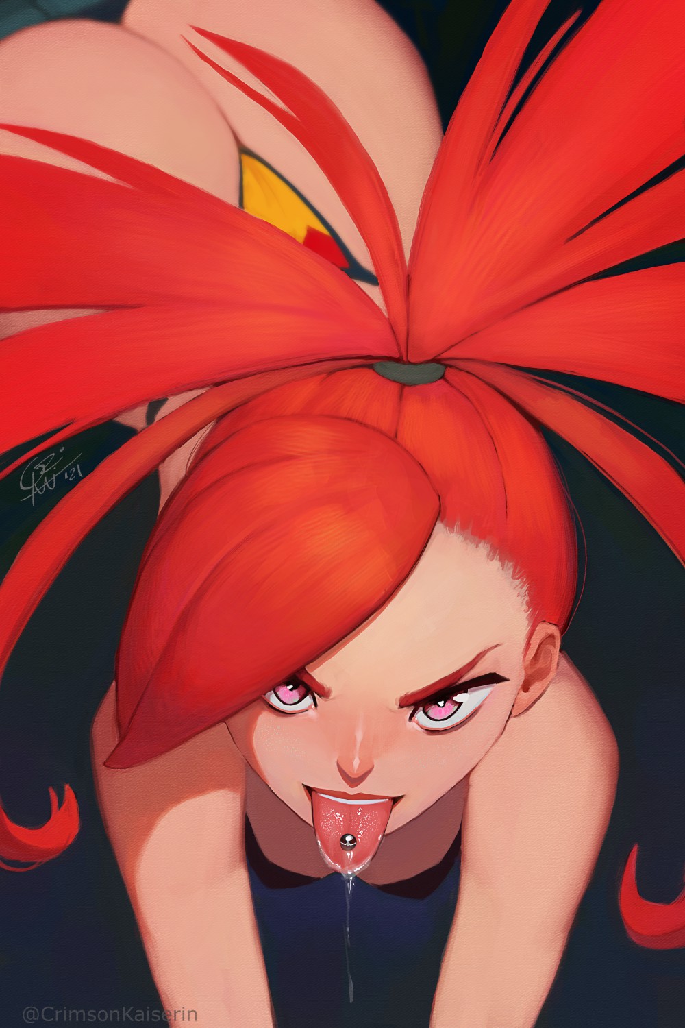 1girls, ass, big ass, breasts, crimson kaiserin, eye contact, female, flannery (pokemon), looking at viewer, nintendo, piercing, pink eyes, pokemon, pokemon rse, red hair, saliva, thong, tongue, tongue out, tongue piercing